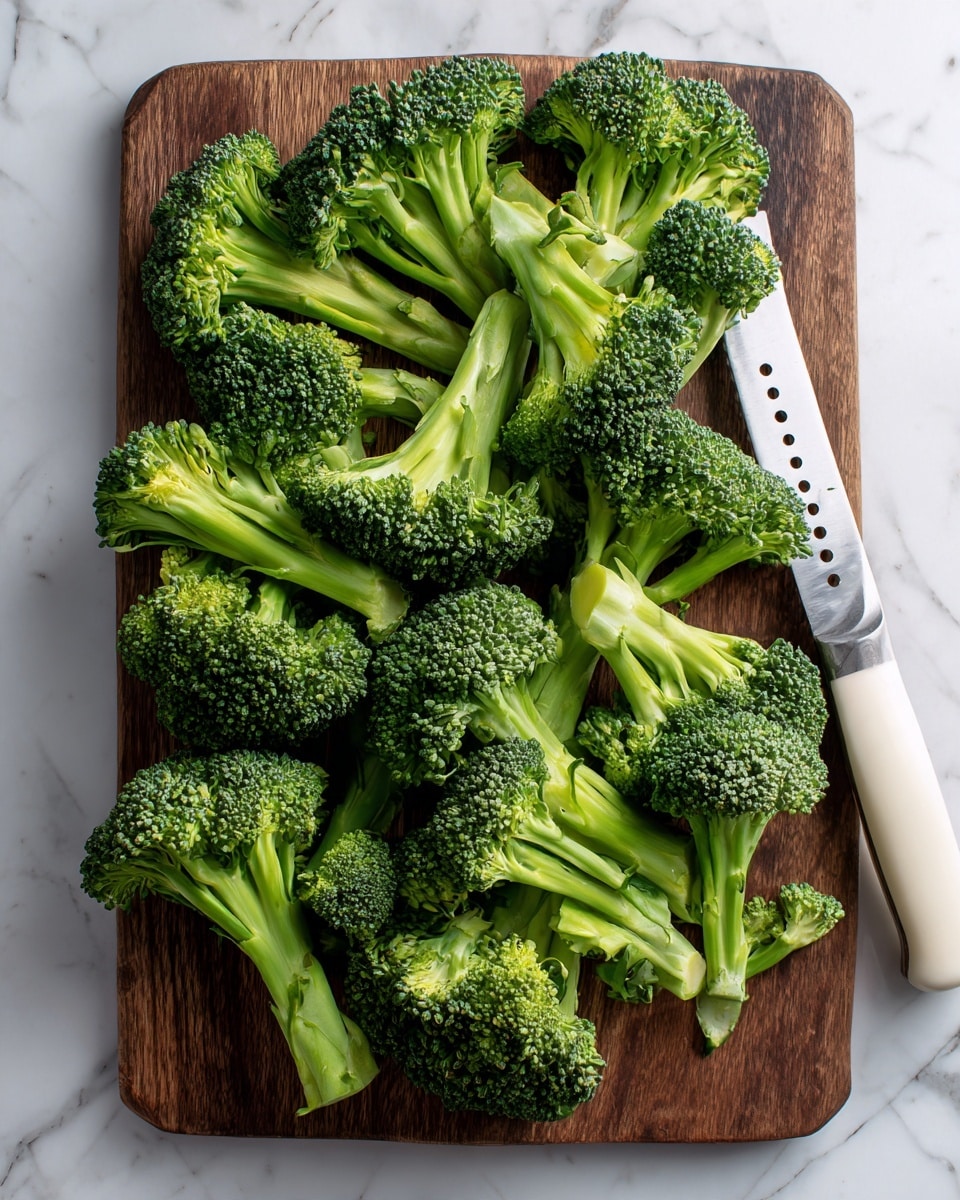 The image shows many small and medium broccoli florets spread out on a dark wooden cutting board. The florets have a fresh, bright green color with thick stalks and a rough, bumpy texture on the flower heads. A white knife with small holes in the blade is placed to the upper right of the board. The surface underneath the board has a white marbled texture. Photo taken with an iphone --ar 4:5 --v 7