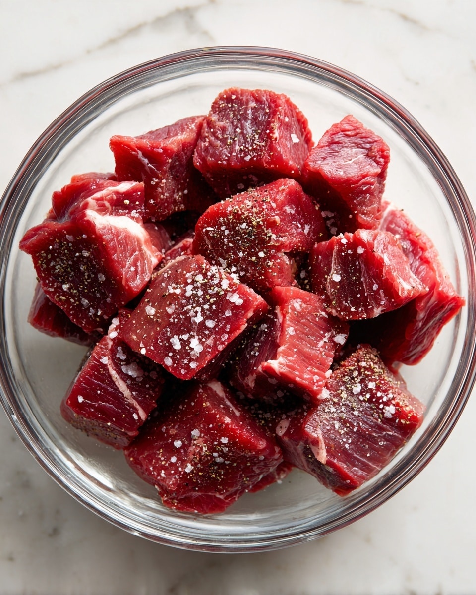 A clear glass bowl filled with many pieces of raw red meat cut into medium-sized cubes, some showing white fat marbling. The meat is sprinkled with coarse salt and black pepper, making the surface textured with small white and black specks. The bowl is on a white marbled surface, adding a soft contrast to the rich red color of the meat. Photo taken with an iphone --ar 4:5 --v 7