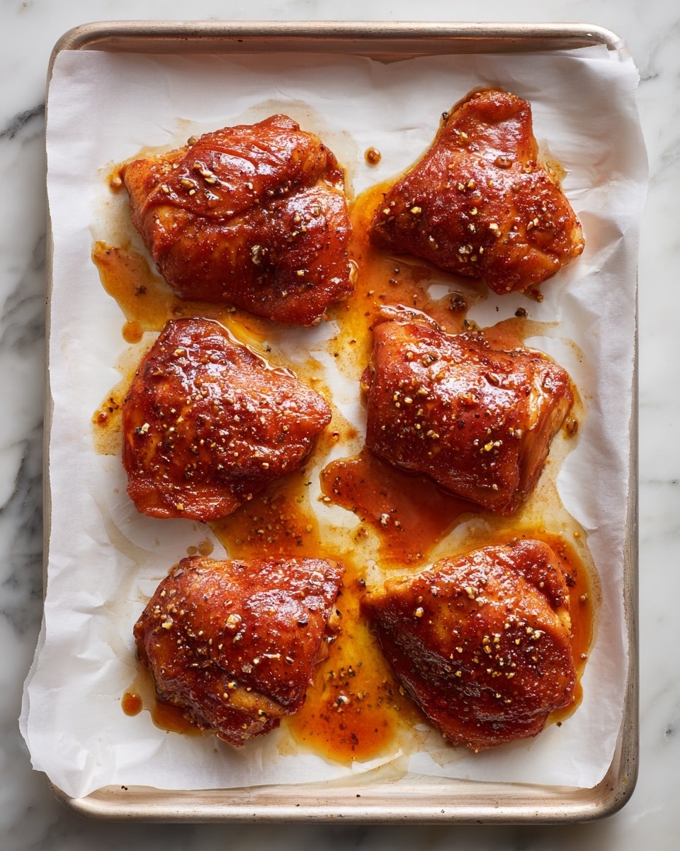 Six pieces of raw chicken thighs are spread out on a white parchment paper-lined baking tray. Each piece is coated in a shiny, reddish-brown marinade with visible coarse spices and bits of seasoning that give the surface a textured look. The chicken pieces vary slightly in shape but all share the same glistening, wet appearance from the sauce, with small pools of reddish oil around them. The tray sits on a white marbled surface. photo taken with an iphone --ar 4:5 --v 7