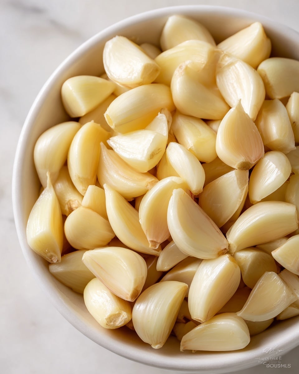 A close-up image of a white bowl filled with many peeled garlic cloves. The cloves are pale cream to light yellow in color, smooth and glossy with some slight texture. The cloves are piled inside the bowl, with some standing upright showing their narrow tips and others lying on their sides showing rounded edges. The background surface is a white marbled texture. Photo taken with an iphone --ar 4:5 --v 7
