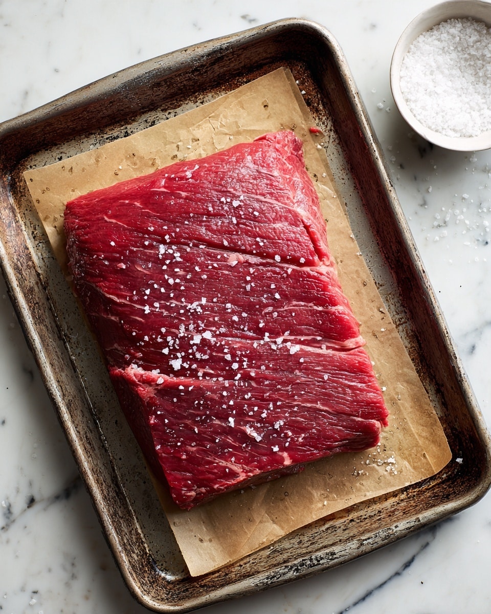 A large piece of raw red meat with visible muscle fibers and thin fat edges lies flat on a sheet of parchment paper inside a worn metal baking tray. The meat is sprinkled evenly with coarse white salt crystals. The baking tray sits on a white marbled surface, and a white bowl filled with more salt is partially visible in the top right corner. The image is shot from above, capturing the textures and colors clearly. photo taken with an iphone --ar 4:5 --v 7