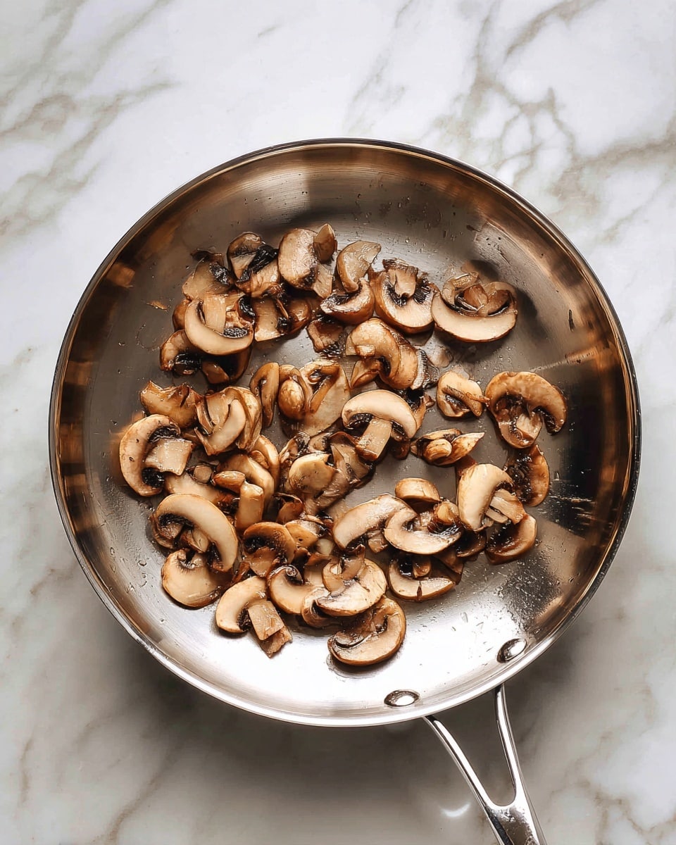A shiny silver frying pan contains a single layer of small to medium brown sliced mushrooms scattered unevenly across its surface. The mushrooms have a soft texture with some slightly darker edges, showing they are lightly cooked. The pan sits on a white marbled surface. photo taken with an iphone --ar 4:5 --v 7