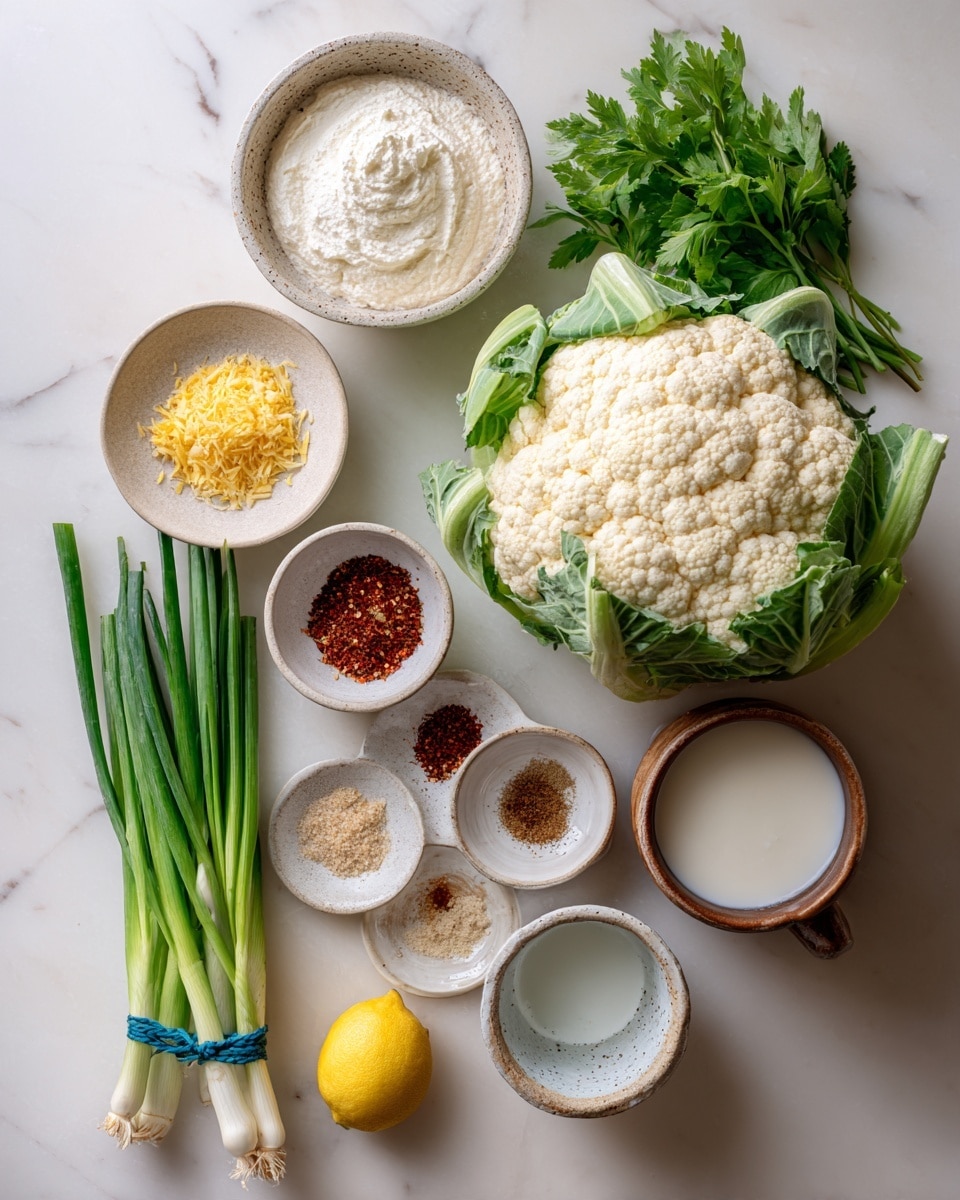 The image shows a top view of fresh cooking ingredients arranged neatly on a white marbled surface. On the right is a large whole cauliflower with green leaves framing its white, bumpy surface. Below it lies a bunch of fresh green herbs with leafy texture. Near the bottom left are green onions tied with a blue rubber band, their white bulbs facing right. Above them are two small white bowls; the left holds yellow flakes with a rough texture, and the right contains four small piles of spices—brown, red, white, and beige. Above these bowls is a white speckled bowl full of fine, pale yellow flour. To its upper left is a white container filled with whipped white cream. To the right of the container is a small brown clay cup filled with white milk. A halved lemon rests on the lower left edge. The overall colors are fresh greens, whites, and natural tones, with a natural wooden surface visible under some ingredients. Photo taken with an iphone --ar 4:5 --v 7