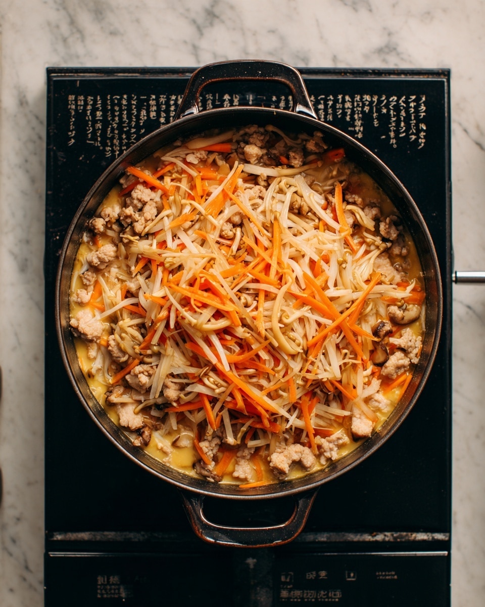 A black pot filled with a cooked dish sits on a black stove; the food inside has several layers. The bottom layer is a light yellow broth. On top, there are many small pieces of light brown and white cooked meat mixed with thin, orange carrot sticks. Among the meat and carrots, there are some thin beige mushrooms scattered. The pot has two handles on each side and is centered on the stove, which has Japanese writing on a black surface. The background is a white marbled texture photo taken with an iphone --ar 4:5 --v 7