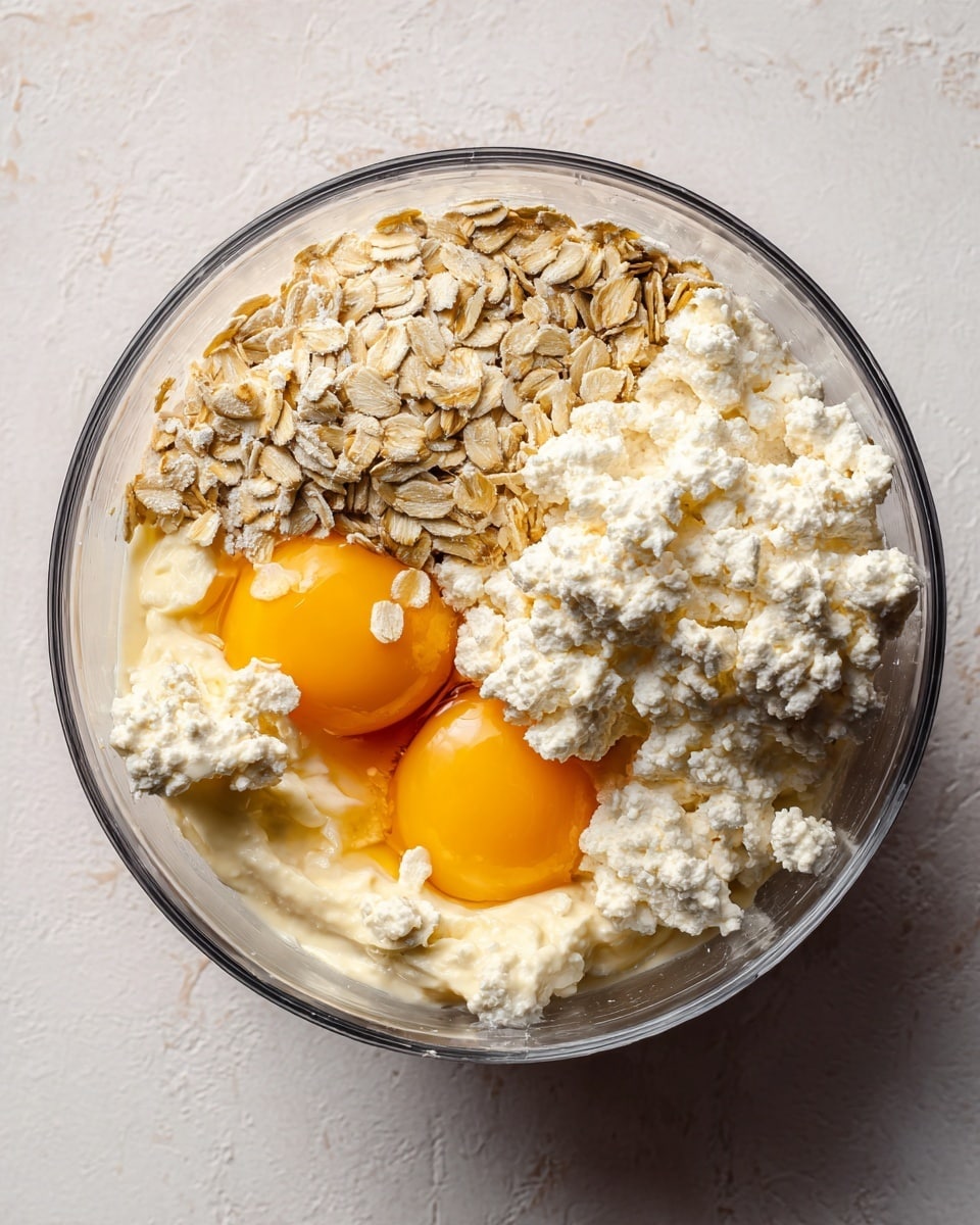 A clear round food processor bowl sits on a white marbled surface, filled with four distinct layers of ingredients that fill nearly half the bowl’s height. One layer is beige oat flakes, covering about a third of the visible layer area on one side. Opposite the oats is a creamy white lumpy layer of cottage cheese, taking up a similar portion in size. Between these two, two cracked raw eggs with bright orange yolks rest side by side, partially covered by the oats and cottage cheese where they meet. The textures contrast: dry oats, soft cottage cheese, and smooth egg yolks all clearly visible inside the transparent bowl. Photo taken with an iphone --ar 4:5 --v 7