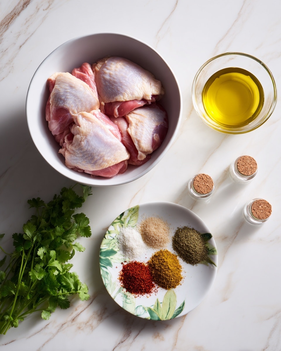 The image shows raw chicken thighs placed inside a white bowl, filling it with three pieces stacked gently. Next to the bowl, on a white marbled surface, there is a small clear glass bowl filled with golden-yellow olive oil. To the side, a white plate with a green leafy pattern holds three piles of dry spices in colors red, light beige, and brown-green, arranged horizontally from front to back. Nearby, two small clear bottles with cork lids contain additional spices or salt. A small bunch of fresh green cilantro leaves lies on the marbled surface to the left, adding a fresh touch. The whole setup is placed on a bright white marbled surface, creating a clean and fresh cooking preparation look. photo taken with an iphone --ar 4:5 --v 7