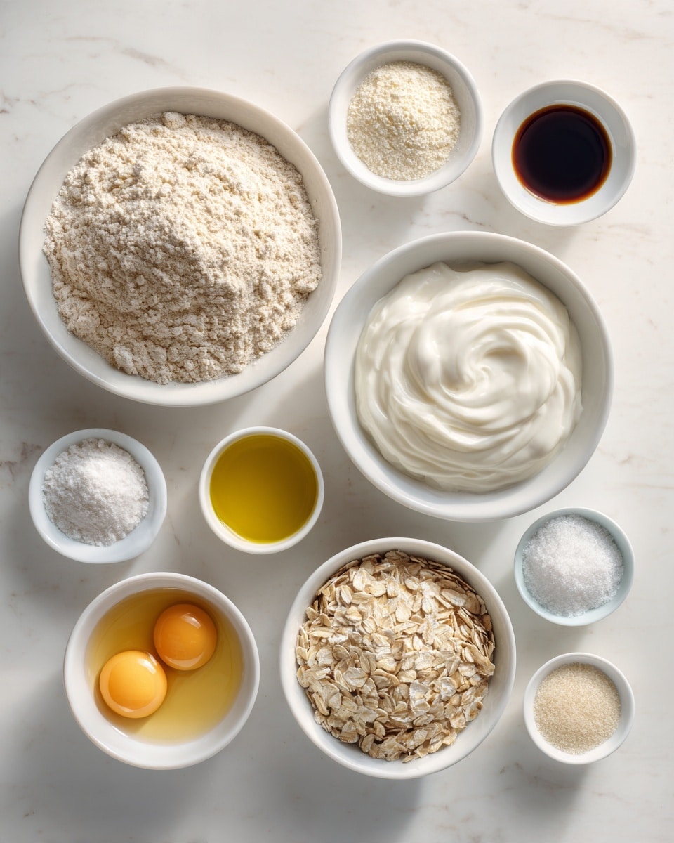 The image shows a top view of several white bowls and small white cups arranged on a white marbled surface. The largest bowl holds light brown flour with a slightly grainy texture. To its right is a medium-sized white bowl filled with thick, creamy yogurt, white in color and smooth on top. Below the flour bowl is a small bowl with granulated white sugar and a tiny white cup with a light beige powder, likely yeast. On the opposite side of the flour bowl, there is a small cup with golden yellow olive oil, a small cup with dark brown vanilla liquid, and a small cup with three raw egg yolks visible in clear liquid. Around these main bowls are small white cups with other ingredients: pale beige oats, white baking powder, and other white or light powders. The overall setup is neat, simple, and well-lit, highlighting each ingredient distinctly. Photo taken with an iphone --ar 4:5 --v 7