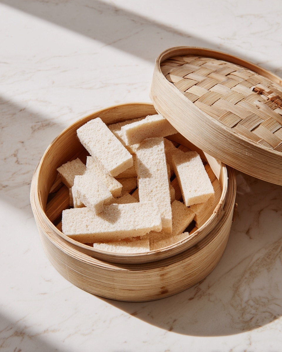 The image shows a round bamboo steamer basket on a white marbled surface. Inside the basket, there are several pale beige rectangular pieces with a slightly rough texture, arranged in a scattered pattern without overlapping. The steamer lid is placed next to the basket, showing its woven bamboo pattern. The scene looks simple and clean, focusing on the light-colored food pieces inside the natural bamboo basket. photo taken with an iphone --ar 4:5 --v 7