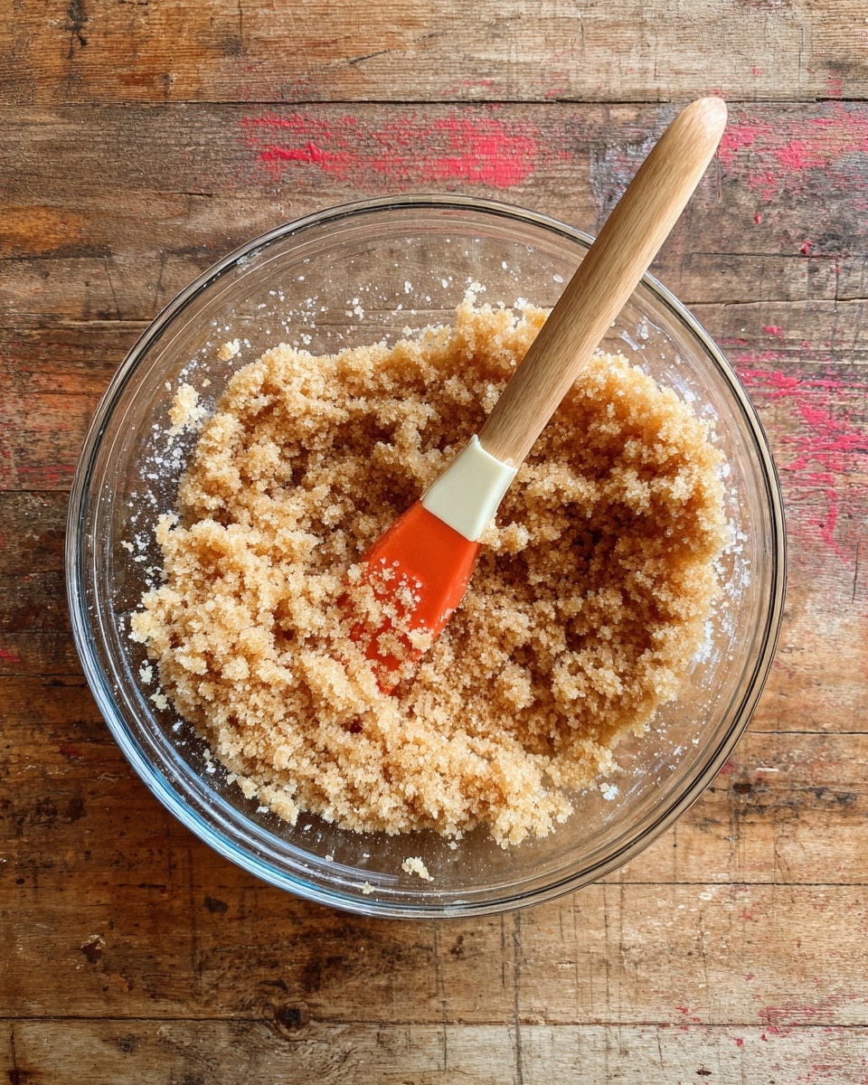 A clear glass bowl filled with light brown crumbly sugar mixture. A wooden spatula with a cream and orange rubber tip is resting inside the bowl, with some sugar mixture sticking to it. The bowl sits on a worn wooden surface with darker spots and red marks. The overall look is simple and rustic. photo taken with an iphone --ar 4:5 --v 7