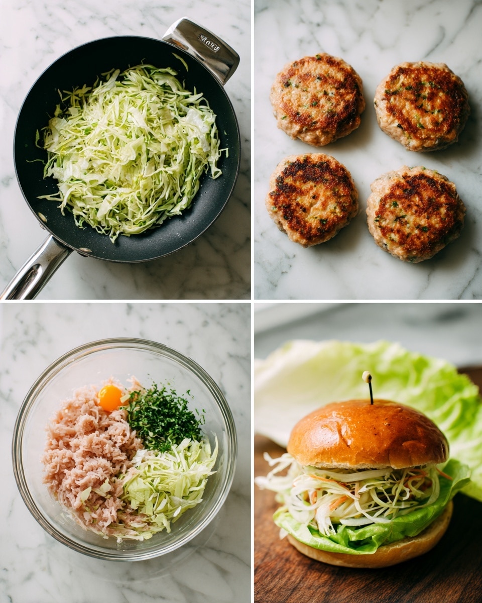 The image sequence shows the making of a burger starting with a frying pan filled with finely chopped, light green cooked vegetables, mostly cabbage, with a black handle on a white marbled surface. Next is a clear glass bowl from above with many ingredients layered: light pink raw minced meat at the bottom, topped with white crumbs, a small orange sauce dollop, yellow mustard, and green herbs. Then the contents are mixed into a single pinkish mixture with green and yellow specks in the bowl. This is followed by the mixture shaped into three raw round patties placed evenly in the same frying pan as before. Next, the patties are cooked with a golden brown crust developing on top in the pan. The final image is a close-up of a tall burger on a wooden board, layered with a light golden brown bun top with a pin, shredded pale green and orange slaw, the brown cooked patty, and fresh green leaf lettuce at the bottom, all on a white marbled surface. Photo taken with an iphone --ar 4:5 --v 7