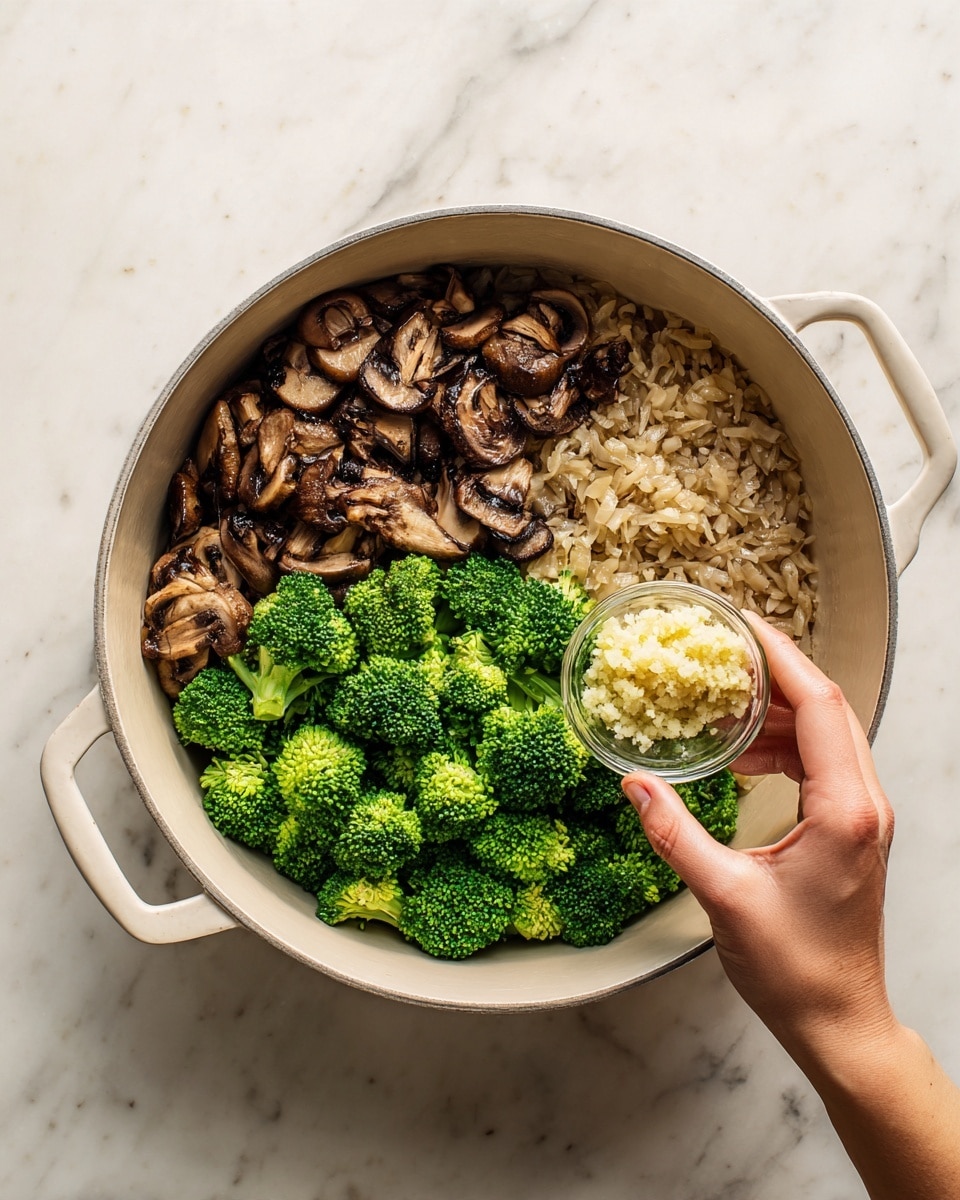 A white pot filled with three main layers of food sits on a white marbled surface. The bottom layer consists of browned onions spread evenly across the pot’s base. On top of the onions is a layer of cooked brown mushrooms, some edges slightly darkened from cooking. The top layer consists of fresh, bright green broccoli florets spread across one half of the pot. A woman's hand holds a small clear glass bowl filled with minced garlic over the broccoli, ready to add it. photo taken with an iphone --ar 4:5 --v 7
