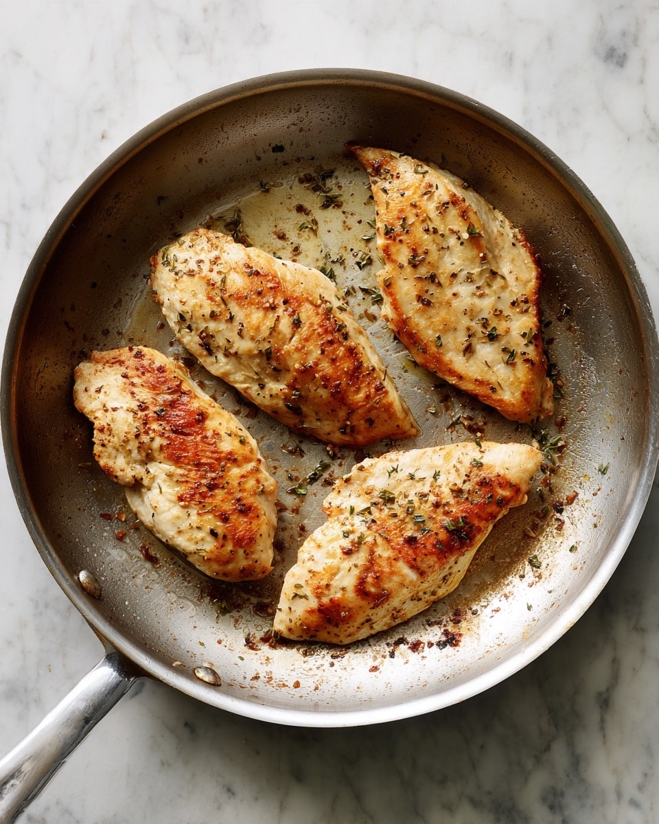 A large round metal frying pan holds four cooked chicken pieces, each with a light golden brown color and a slightly crispy texture in some spots, evenly spaced inside the pan. The pan surface has some browned spots and cooked marks, showing use with the chicken cooking. The background is a white marbled texture surface. photo taken with an iphone --ar 4:5 --v 7