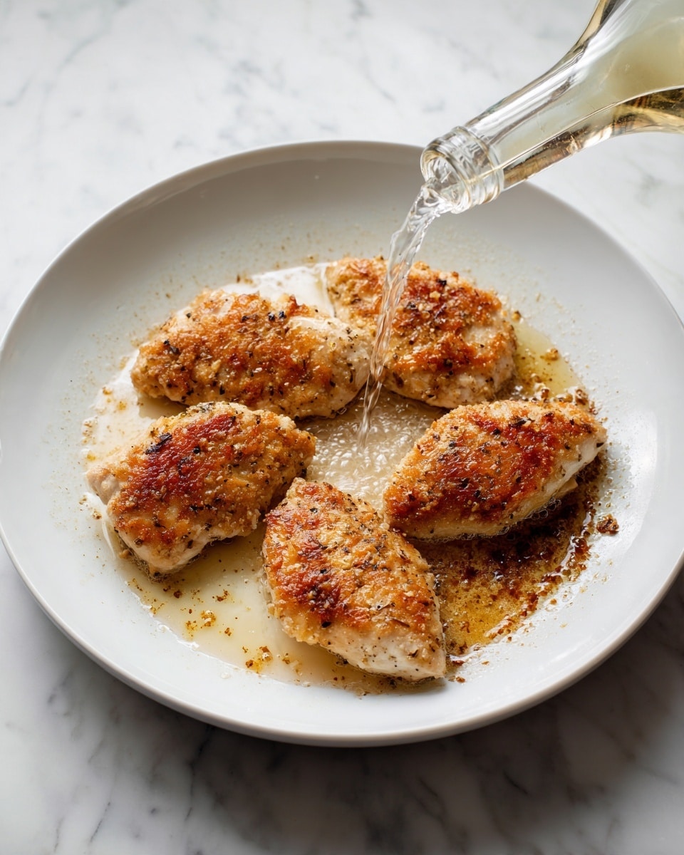 A white plate holds four pieces of cooked chicken, each with a golden-brown crust and light seasoning, arranged in a slightly uneven circle on a white marbled surface. Next to it, a white pan features browned bits covering the bottom, while a clear liquid is being poured in from a bottle, creating bubbles and steam. The pan sits on the same white marbled surface. photo taken with an iphone --ar 4:5 --v 7
