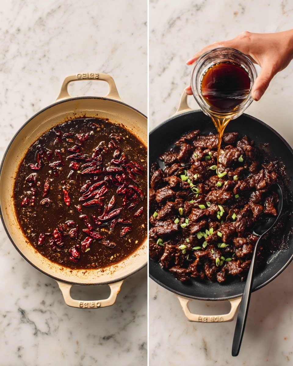 The image on the left shows a beige-handled black skillet on a white marbled surface, filled with dark brown sauce and scattered pieces of dried red chili peppers; a clear glass is held by a woman's hand pouring more of the dark sauce into the skillet. The image on the right shows the same skillet on the same surface, now filled with cooked dark brown beef slices mixed in the thick sauce, garnished with small green onion pieces, with a black spoon resting inside the skillet. photo taken with an iphone --ar 4:5 --v 7