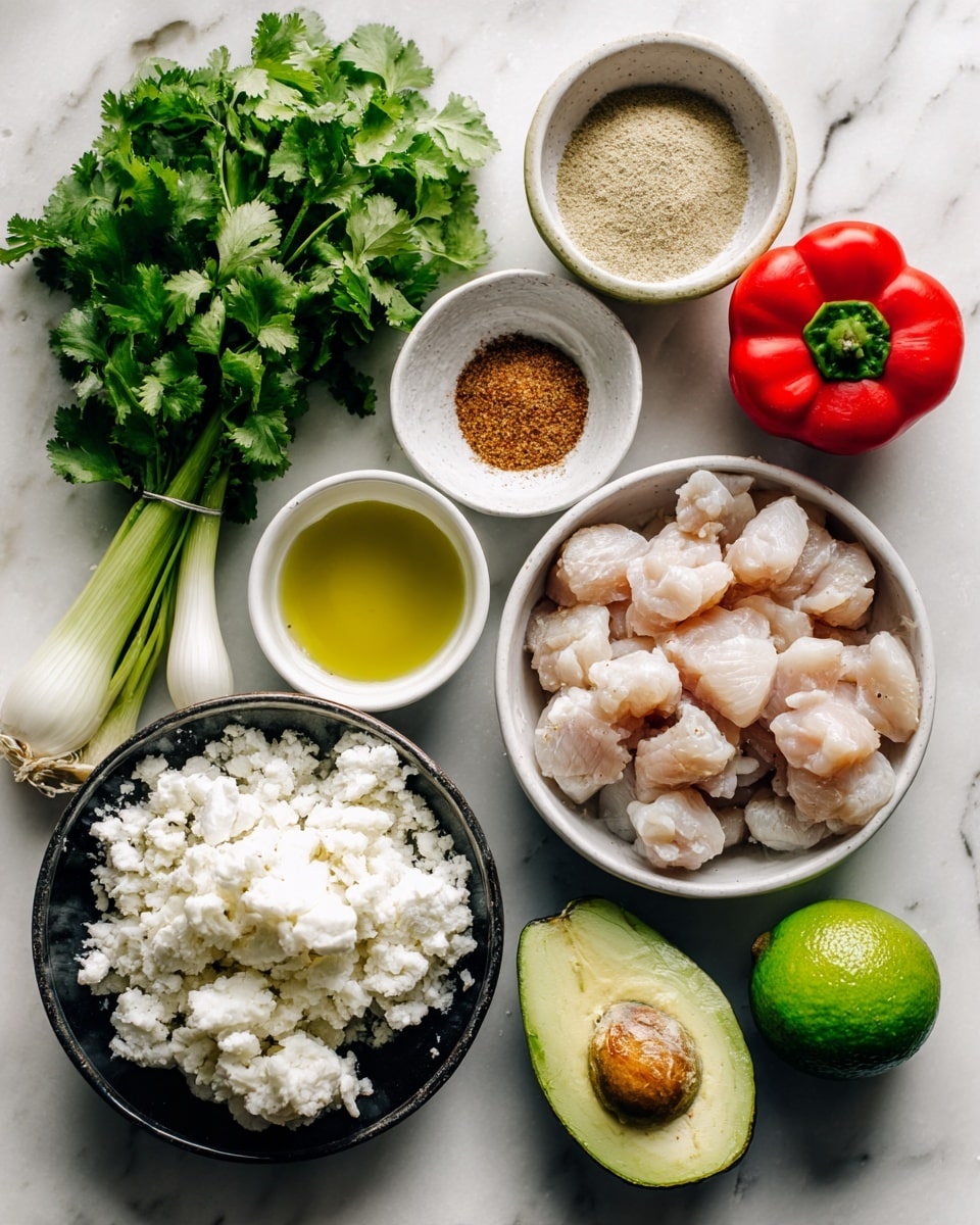 The image shows fresh ingredients arranged on a white marbled surface: a bunch of green cilantro on the left, a whole pale green onion above, a white bowl of light brown spice powder to the top right, and a bright red bell pepper on the right side. A whole lime with green skin is near the center, next to a small white bowl of yellow oil. Below the lime, there is a dark green avocado, and to the right is a white bowl filled with chunks of light pink raw chicken. At the bottom front, a black plate is filled with white grated cauliflower. Photo taken with an iphone --ar 4:5 --v 7