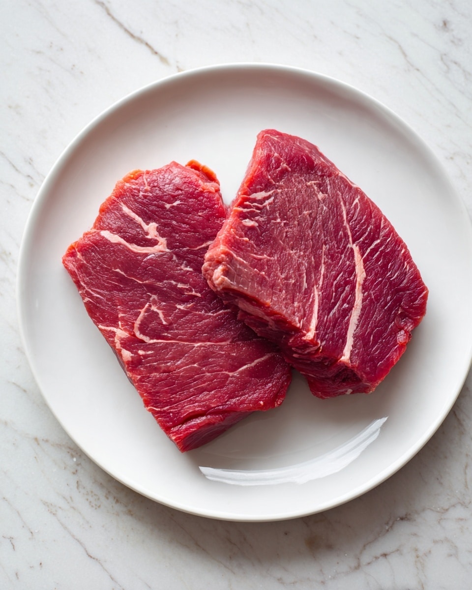 The image shows two raw pieces of red meat with visible white fat marbling, spread flat on a white plate. The meat has a fibrous texture with layers of muscle strands and fat streaks running through it. The plate sits on a white marbled surface, creating a clean, simple backdrop to highlight the rich red colors and textures of the meat. Photo taken with an iphone --ar 4:5 --v 7
