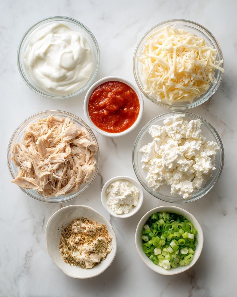 The image shows eight small bowls arranged on a white marbled surface, each containing different ingredients. At the bottom left, there is a clear glass bowl filled with shredded cooked chicken in light beige and brown colors. Above it is another clear glass bowl with white creamy sour cream or yogurt. To the right of the first bowl is a clear glass bowl with shredded mozzarella cheese in pale yellow and white shades. Above that bowl is a small white bowl holding bright red sauce, likely hot sauce. Next to the sauce on the right is a white bowl filled with crumbly white cottage cheese or ricotta. Below that is a white bowl with a light brown seasoning mix with small green flecks. To the far right is another white bowl containing chopped green onions. The arrangement is tidy and the colors are soft with a mix of white, green, red, and light brown tones. Photo taken with an iphone --ar 4:5 --v 7