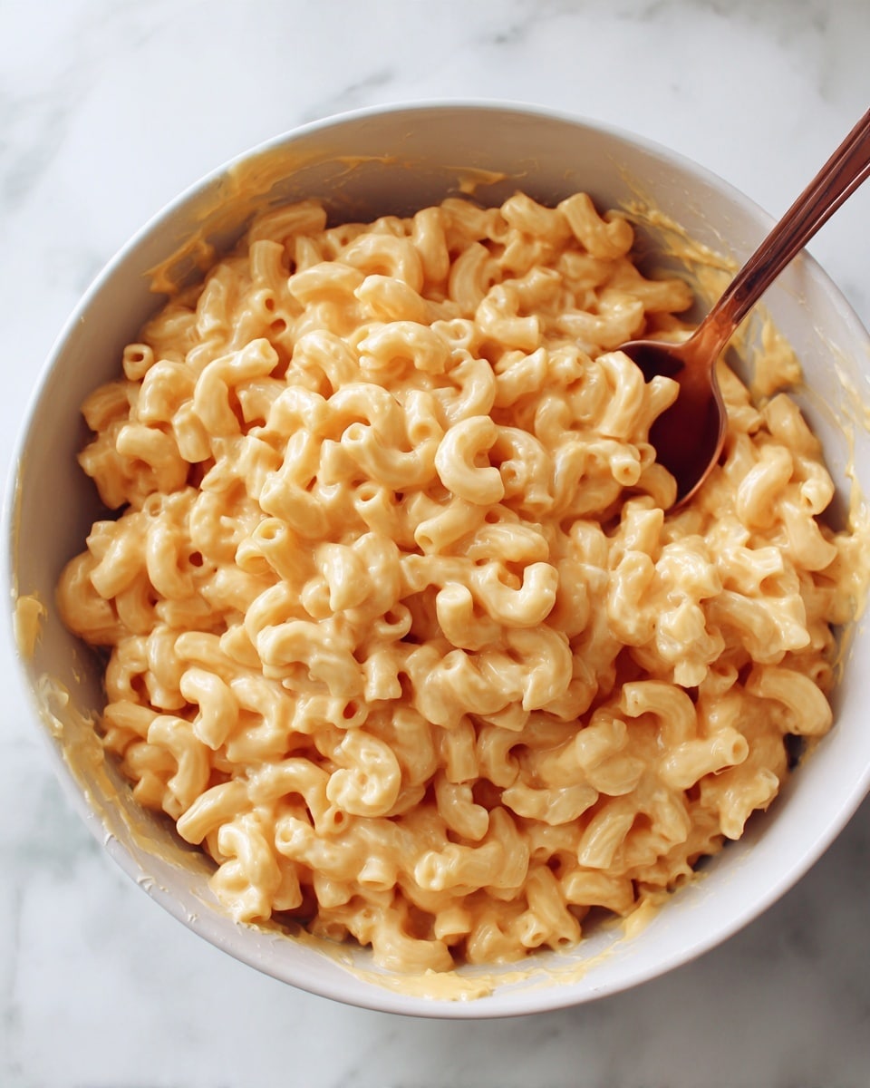 A white bowl filled with elbow macaroni pasta covered in creamy light orange cheese sauce, with a smooth and slightly shiny texture. A copper spoon is partially dipped into the pasta, lifting some noodles. The inside of the bowl has some cheese sauce smeared on the sides, showing a rich and thick consistency. The bowl sits on a white marbled surface. photo taken with an iphone --ar 4:5 --v 7