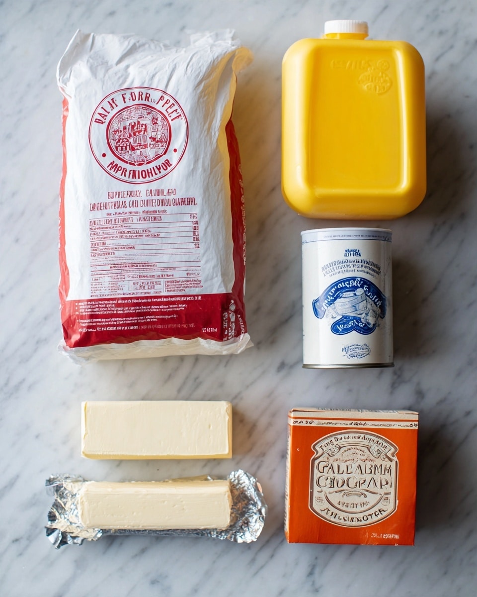 The image shows six baking ingredients placed on a white marbled surface. At the top left, there is a large red and white bag of unbleached all-purpose flour with a logo in the center. To the right of the flour, there is a yellow plastic container of buttermilk with nutrition facts on the label. Below the flour, two sticks of unsalted butter in cream-colored wrappers with blue text are placed side by side. Next to the butter to the right, there is a rectangular silver foil package of Philadelphia original cream cheese. Above the cream cheese, a white cylindrical can of Clabber Girl double-acting baking powder with a vintage-style label sits upright. Lastly, at the bottom right corner, there is an orange box of Arm & Hammer pure baking soda. The items are arranged with some space between them with no visible shadows. Photo taken with an iphone --ar 4:5 --v 7