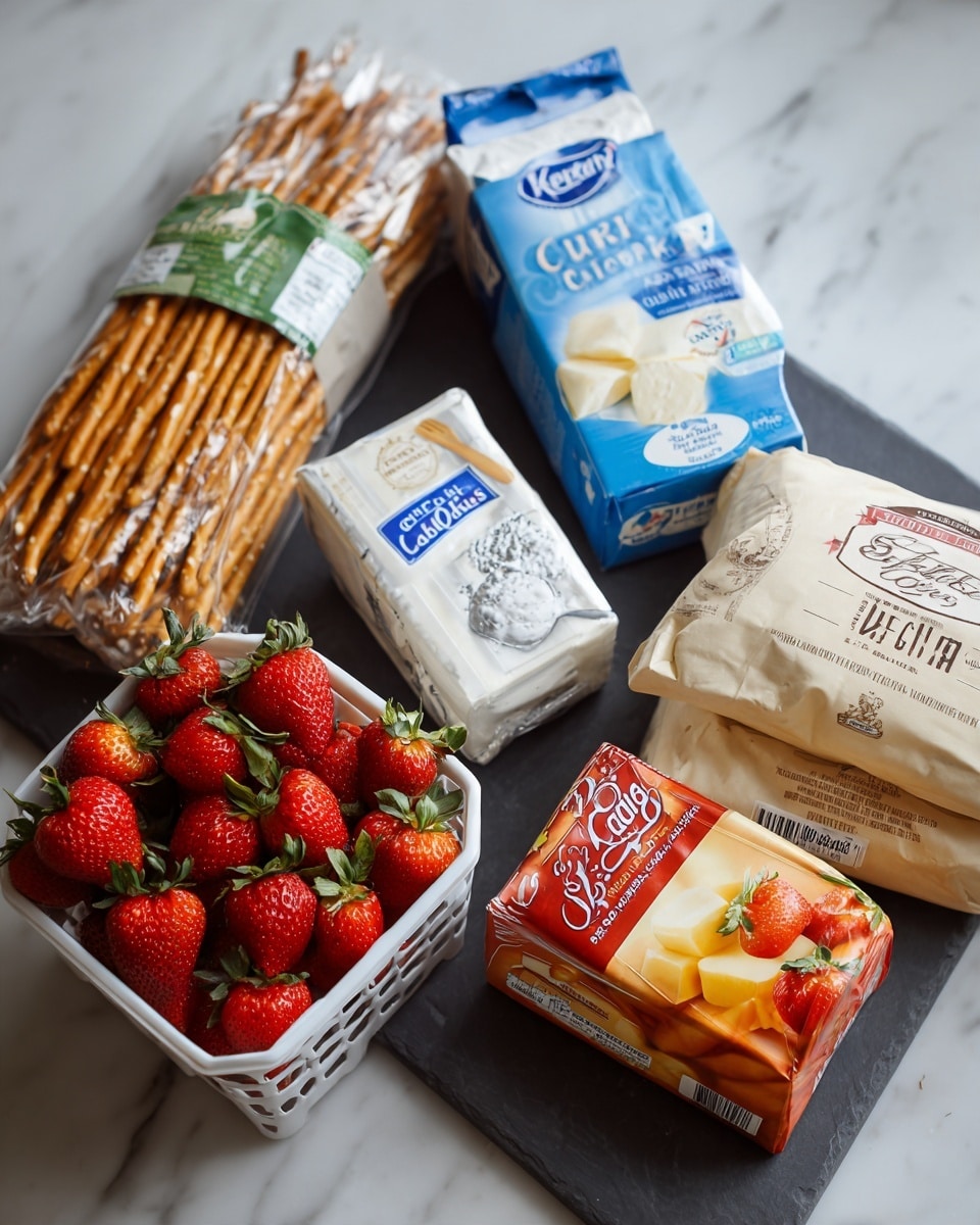 The image shows a group of baking ingredients arranged on a dark surface, including a bag of thin pretzel sticks with a green label, a carton of heavy cream in blue and white packaging, two sticks of butter in beige wrappers labeled Land O Lakes, a package of Philadelphia cream cheese in silver and blue, a pack of Knox gelatin in white and orange packaging, a sack of flour with a beige bag and red and blue text, and a white basket full of bright red strawberries. The colors are mostly neutral with pops of red from the strawberries and green from the pretzel bag, all on a white marbled surface photo taken with an iphone --ar 4:5 --v 7