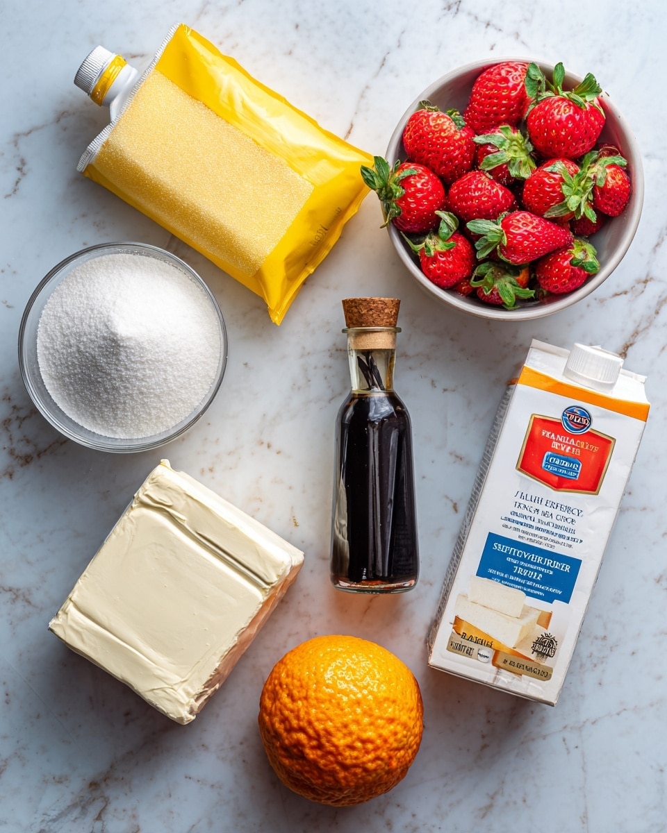 The image shows several baking ingredients placed on a white marbled surface. There is a bright yellow bag of granulated sugar standing upright near the top center. To the right, a white bowl filled with fresh red strawberries with green leaves is visible. In the bottom left corner, there are two silver-wrapped blocks of cream cheese stacked slightly askew. Above them, a white carton of heavy cream with blue and white labels sits upright. Near the center, a tall, slender glass bottle of pure vanilla extract with a dark brown liquid and a cork stopper lies horizontally. An orange citrus fruit with a rough, bumpy skin is placed near the vanilla bottle. On the right side, a small box of Knox original gelatin in white and orange packaging is visible. Photo taken with an iphone --ar 4:5 --v 7