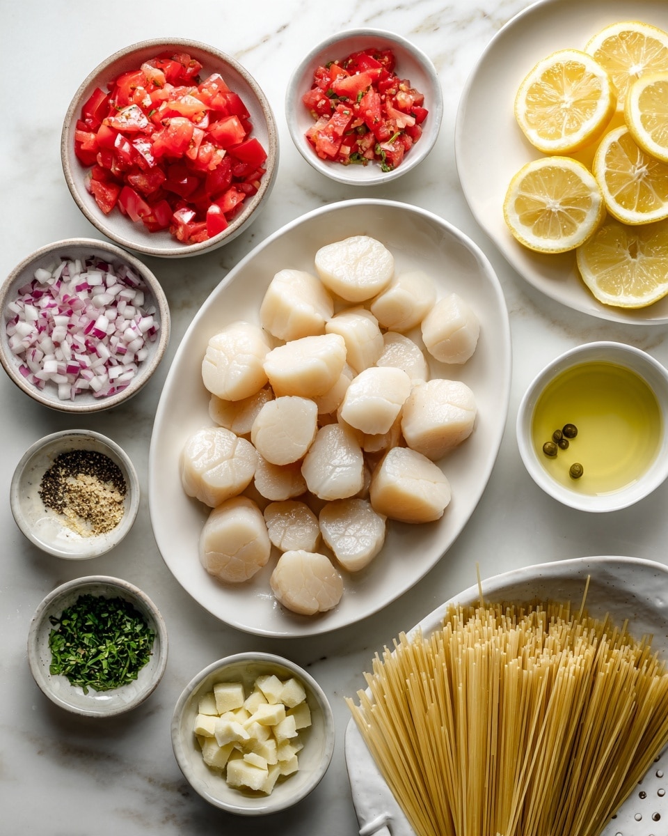 The image shows a collection of cooking ingredients arranged neatly on a white marbled surface. In the center is an oval white plate holding a layer of large creamy white scallops with a smooth texture. Surrounding this plate, there are small white bowls with chopped red tomatoes, a mix of small diced onions, cubed butter, chopped green herbs, thinly sliced garlic, capers, yellow lemon zest, and small piles of salt and black pepper. There is also a small glass cup with golden olive oil and another with a light colored liquid. To the right, a white colander contains a layer of cooked spaghetti in light golden color. On the upper right corner, a white round plate holds several lemon wedges arranged in a circle. The overall layout is tidy and colorful, creating a fresh and inviting look. Photo taken with an iphone --ar 4:5 --v 7