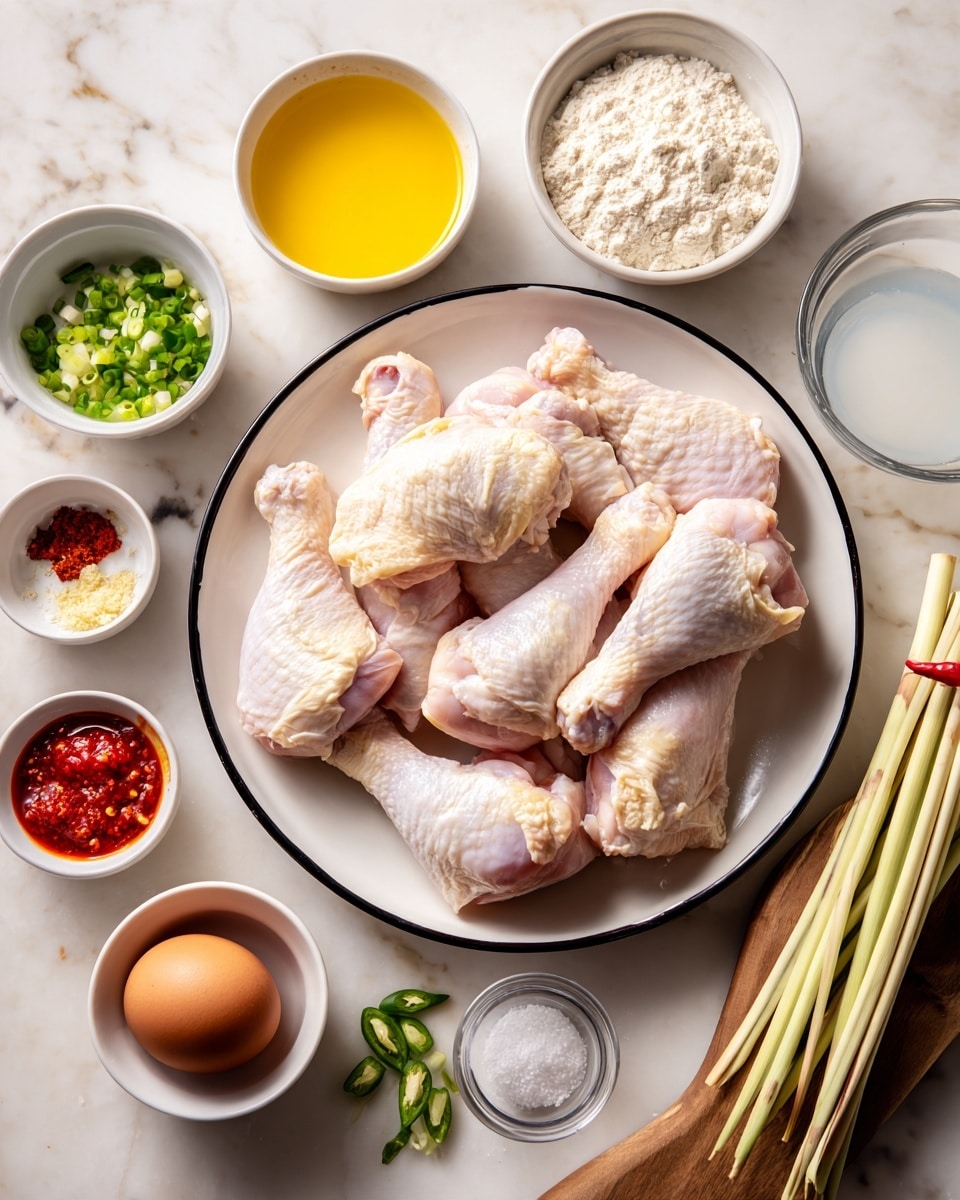 A large white plate with a black rim holds nine raw chicken pieces, including drumsticks and thighs, laid loosely with pale pink and white skin visible. Surrounding the plate are small white bowls with various ingredients: finely chopped green onions, bright yellow liquid, red chili sauce, minced ginger, and minced garlic, along with flour in two different sized bowls. To the side, a white marbled wooden board holds fresh lemongrass stalks in a white bowl, a brown egg in a small white bowl, and a bowl of sliced green chili peppers. There are also small dishes with salt, pepper, and a glass bowl filled with white liquid, all arranged on a white marbled surface. photo taken with an iphone --ar 4:5 --v 7