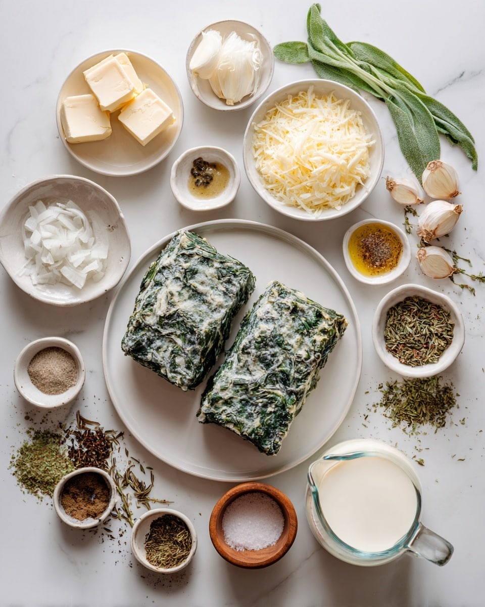The image shows a top view of ingredients for a recipe arranged neatly on a white marbled surface. At the center, two blocks of frozen spinach covered in frost sit on a white plate. Around the plate, there are various small white bowls and dishes, each holding different ingredients: one with grated cheese, one with sliced garlic, one with small white cubes of butter, one with chopped onions, one with mustard sauce, one with a light powdery spice, and one with black pepper in a small wooden bowl. There is a glass measuring cup filled with milk near the bottom right. Fresh green herbs and tiny piles of dried herbs and spices are also spread around the ingredients. The colors range from green and white to pale yellow and light brown tones. photo taken with an iphone --ar 4:5 --v 7