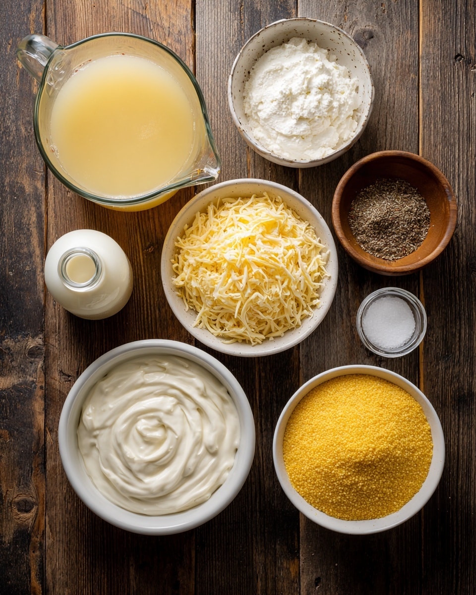 A top view of various ingredients on a dark wooden surface showing a large glass measuring cup with light yellow broth on the left, a white bowl filled with pale yellow shredded cheese next to it, a small brown bowl with black pepper seeds, a white bowl with grated pale yellow cheese, a larger white bowl filled with creamy white sour cream with smooth swirls, a white bowl with yellow cornmeal, a small light brown bowl with white salt, and a small bottle with white milk. The image has a calm kitchen setup with all containers and ingredients neatly arranged. photo taken with an iphone --ar 4:5 --v 7