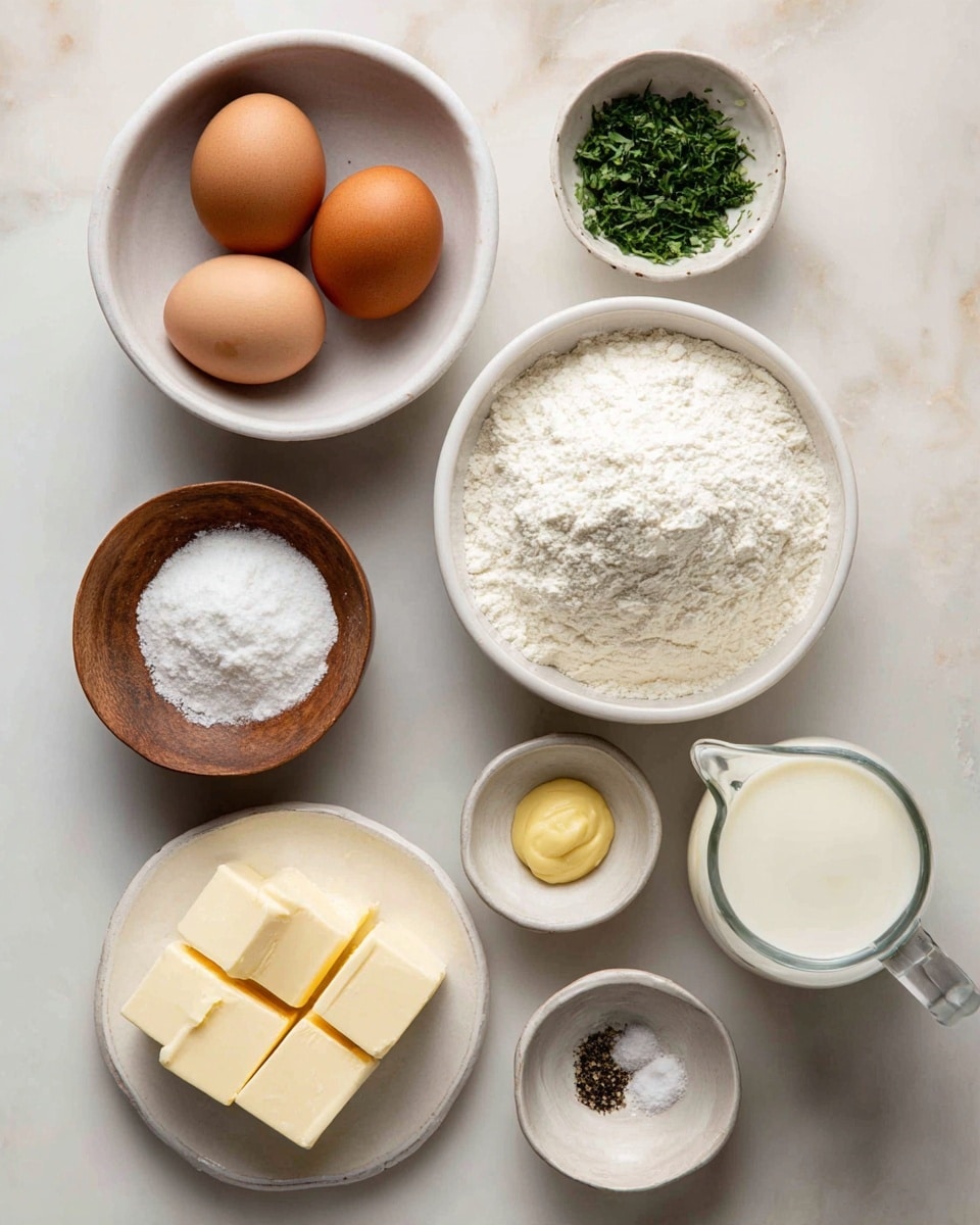 The image shows eight small white bowls and one clear glass measuring cup arranged on a white marbled surface. In the top left, two brown eggs rest in a white bowl, below them is a small white bowl with a dollop of smooth yellow mustard, and to the left at the bottom is a small bowl with cracked black pepper. Centered is a large white bowl filled with a heap of white flour. To the right of the flour bowl is a small white bowl filled with finely chopped green herbs. Next to the green herbs is a small wooden bowl filled with white salt. Below these bowls, there is a white bowl containing three chunks of butter. Finally, in the bottom right corner, a clear glass measuring cup is filled with white liquid. photo taken with an iphone --ar 4:5 --v 7
