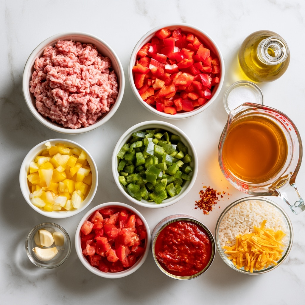 A close-up view inside a white pot shows one layer of finely chopped mixed vegetables being cooked. The vegetables include small pieces of white onion, red bell pepper, and green bell pepper, all mixed evenly across the pot’s surface. The colors of the vegetables are vibrant and fresh, with a mix of red, green, and white pieces. Around the pot, the white marbled surface is partly visible, with a glass container of yellow oil, a glass cup with a brown liquid, and bowls of red sauce and shredded yellow cheese placed nearby. Photo taken with an iphone --ar 4:5 --v 7