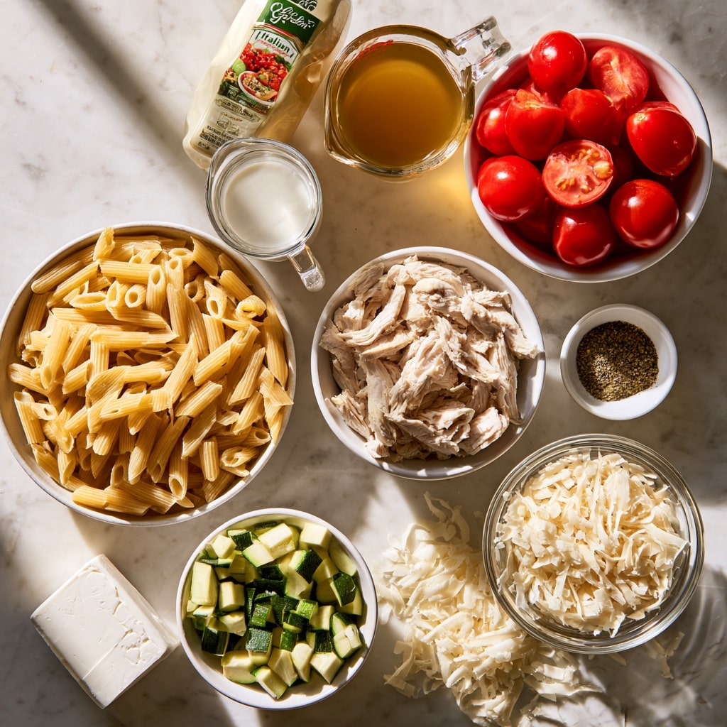 A white rectangular baking dish holds the first layer of the dish, which is yellow penne pasta scattered evenly across the bottom. On top of the pasta, there is shredded light-colored chicken, sprinkled with dark green mixed herbs and black pepper, loosely spread around. A thick, yellow sauce with a slightly textured surface is being poured from a clear glass pitcher over the chicken, partly covering it. Surrounding the dish are white bowls with red cherry tomatoes, shredded pale yellow cheese, and chopped green zucchini pieces, all sitting on a white marbled surface. photo taken with an iphone --ar 4:5 --v 7