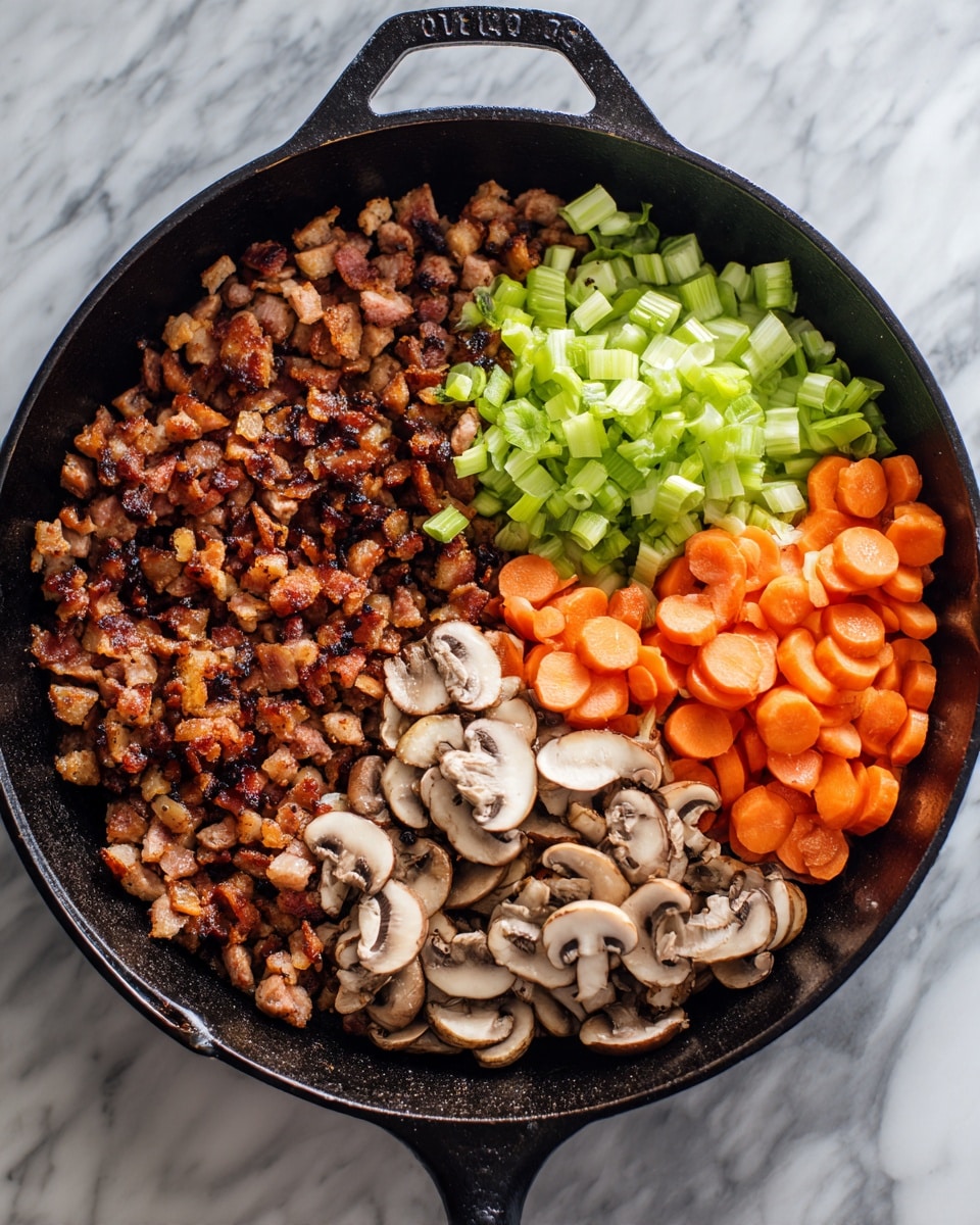 The first image shows a black cast iron skillet with many small brown cooked meat pieces spread across the bottom; the meat has a crispy texture and some darker spots from cooking. The second image features the same skillet with three fresh vegetable layers added on top of the meat: a pile of light green chopped celery on the upper left, several sliced white and brown mushrooms underneath the celery, and bright orange carrot slices on the right side, all sitting neatly on the cooked meat. The skillet is on a white marbled surface. Photo taken with an iphone --ar 4:5 --v 7