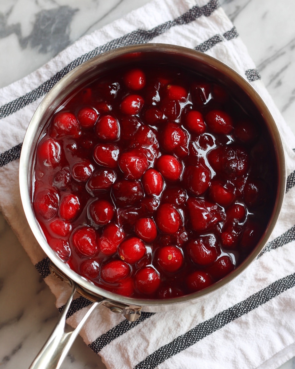 A close-up view of a pot filled with thick red cranberry sauce, showing whole and partially mashed cranberries in a glossy, rich liquid. The pot has a shiny silver rim and handle, resting on a white cloth with black stripes. The background is a white marbled surface. photo taken with an iphone --ar 4:5 --v 7