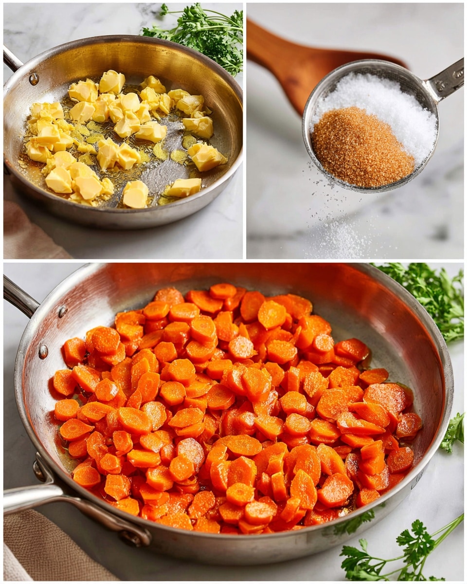The image shows three close-up views of a silver pan with orange carrot slices inside, placed on a white marbled surface. The first part shows the pan with small pieces of light yellow butter on top of the carrot slices. In the second part, a pile of light brown sugar is added, sitting in the center of the carrot slices. The third part shows a metal measuring spoon holding white granulated salt above the carrots in the pan. Green parsley leaves and a wooden spoon are visible on the white marbled surface next to the pan. Photo taken with an iphone --ar 4:5 --v 7