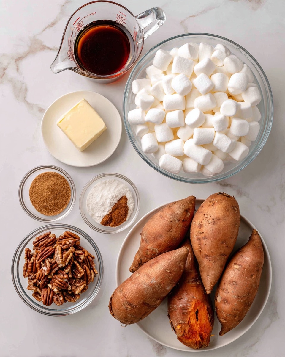 The image shows ingredients arranged neatly on a white marbled surface, each in clear glass bowls or white plates. In the center right, there is a bowl filled with five whole cooked sweet potatoes, brown with slightly orange patches. Above it to the right, a small white plate holds a pale yellow stick of butter. To the left of the sweet potatoes, there is a glass measuring cup filled with dark brown liquid, likely syrup. Above it is a large glass bowl full of small white marshmallows. Below the measuring cup is a small glass bowl of light brown sugar and two tiny glass bowls with ground spices, one a rich brown and the other a reddish brown. At the bottom left, another glass bowl contains chopped pecans with a mix of darker and lighter brown shades. The photo taken with an iphone --ar 4:5 --v 7