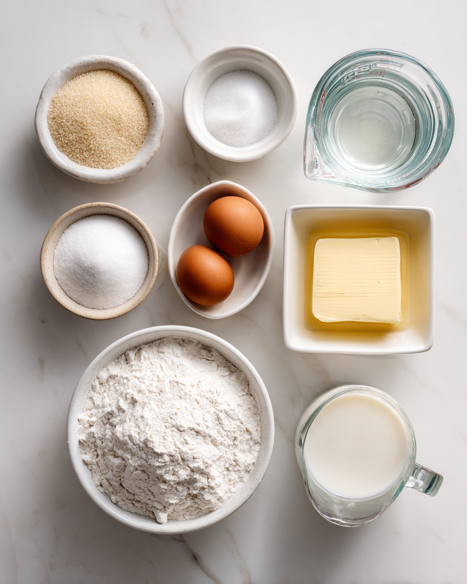 A flat lay of baking ingredients is arranged on a white marbled surface with eight items: in the bottom center is a white bowl filled with white flour with a rough texture, above it in the center is a white bowl filled with fine white sugar, to the right of the sugar is a small beige bowl with white salt, next to the salt is a white square bowl holding two brown eggs with smooth shells, on the left of the sugar is a white bowl with beige yeast granules, above the yeast is a small white bowl containing melted yellow butter with a creamy texture, above the butter is a glass measuring cup filled with clear water, and to the right of the water is another glass measuring cup with white milk. The whole setup looks clean and bright with natural light. photo taken with an iphone --ar 4:5 --v 7