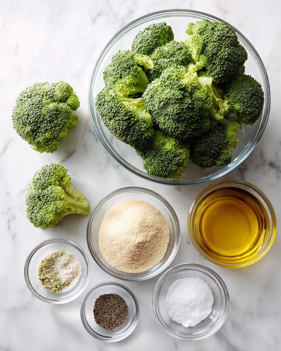 A clear glass bowl filled with many small green broccoli florets sits in the upper center of the image on a white marbled surface. Below it, there are five smaller clear glass bowls arranged in a loose semicircle. The center bowl contains a light beige, fine powder resembling breadcrumbs. To the right, a bowl holds golden yellow olive oil, and next to it is a bowl with white salt. On the left side, there's a small bowl with a white and green seasoning mix, and below that, a tiny bowl with a light brown powder. At the bottom center, there is a small bowl filled with black pepper. The arrangement is neat and simply shows raw ingredients on the white marbled surface. photo taken with an iphone --ar 4:5 --v 7