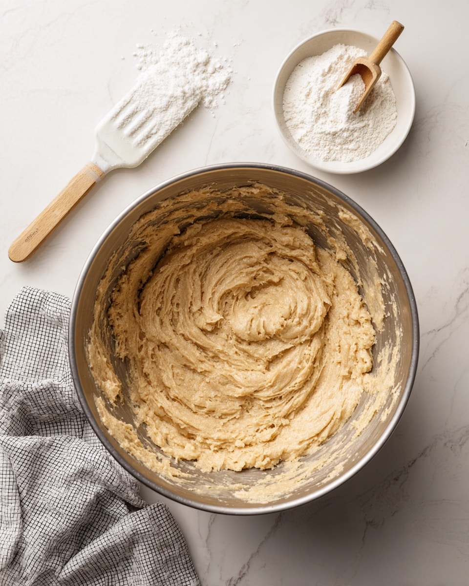 The image shows a metal mixing bowl filled with a thick, light brown dough or batter with a rough, slightly textured surface. The dough covers the bottom and sides of the bowl, with some swirled patterns from mixing visible. Nearby, there is a white mixing paddle with some dough residue on it, and a small white bowl containing white powder and a wooden scoop. The background surface is a white marbled texture, and a gray and white checkered kitchen towel is placed next to the bowl. Photo taken with an iphone --ar 4:5 --v 7