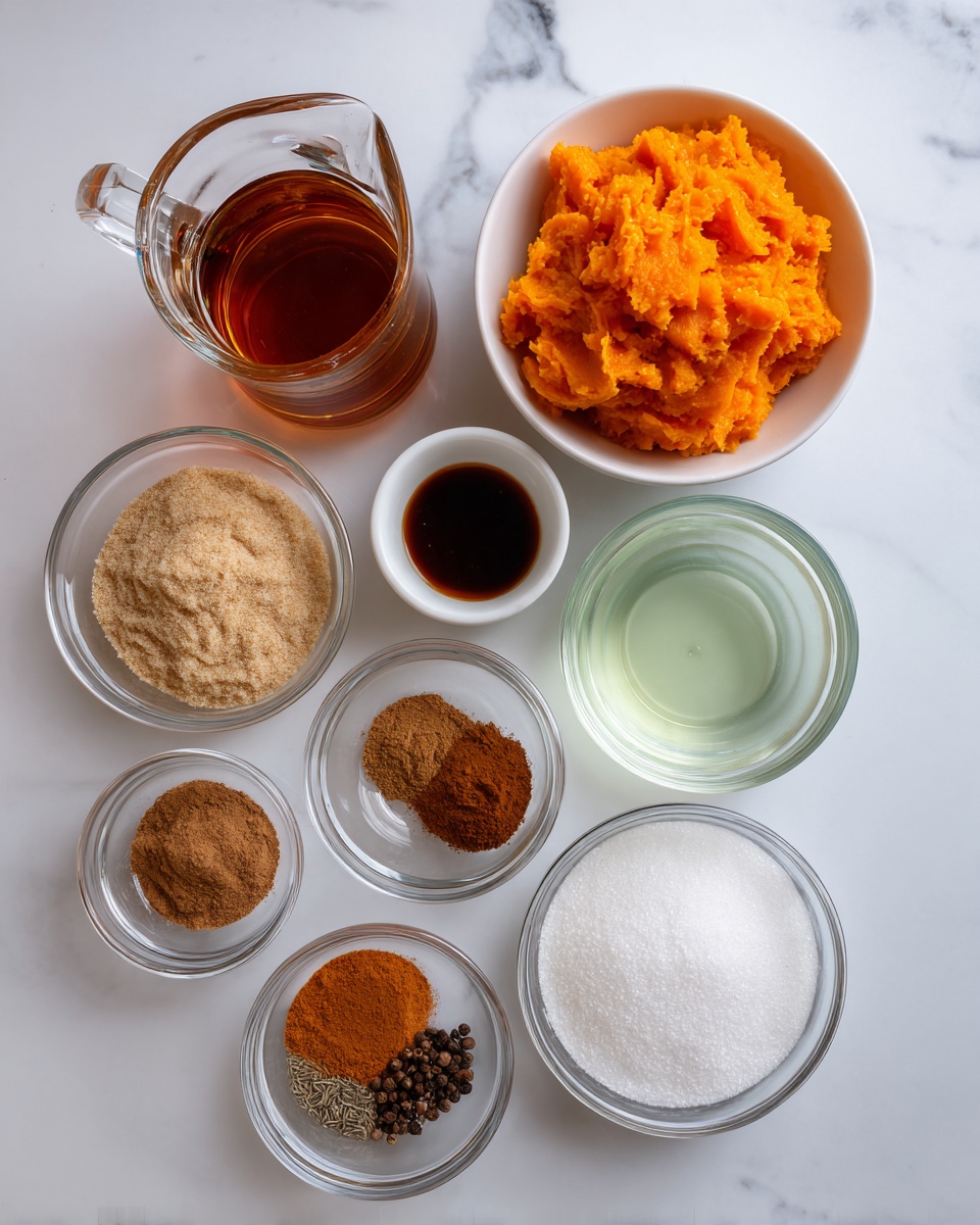 Nine small bowls and containers are arranged on a white marbled surface. At the top right is a white bowl filled with bright orange mashed pumpkin. At the top left is a clear glass pitcher with dark amber liquid. Below it is a smaller white bowl with a dark syrupy liquid. In the middle row, a clear glass bowl holds a light green liquid on the right, and next to it on the left is a clear glass bowl full of light brown sugar. Below these, from left to right, are three small white bowls with spices: orange cinnamon powder, brown ground spice, and dark brown specks. At the bottom right is a clear glass bowl of fine white granulated sugar. photo taken with an iphone --ar 4:5 --v 7