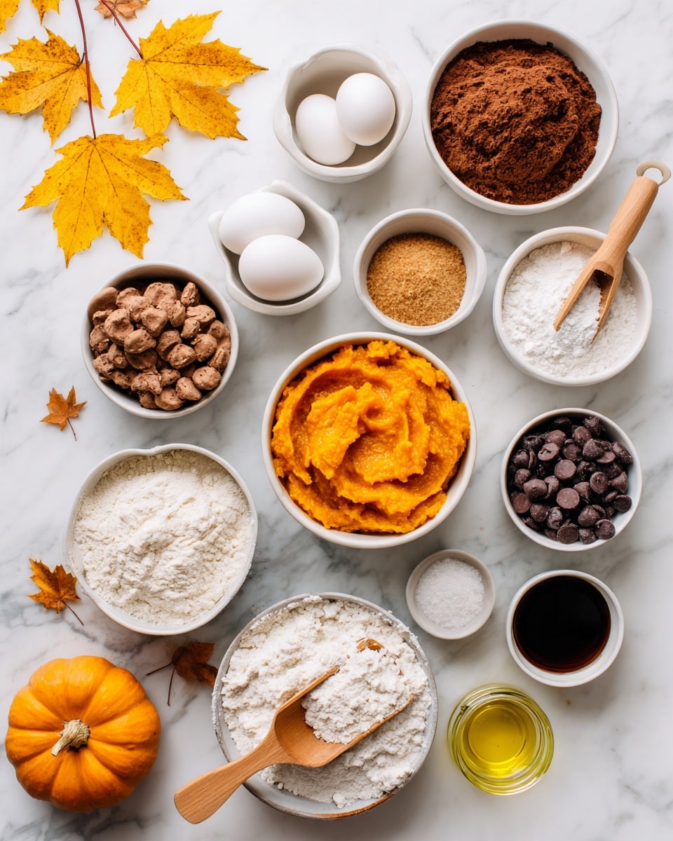 The image shows a flat lay of baking ingredients placed neatly on a white marbled surface. There are 11 white bowls or containers arranged in a loose grid, each with a different ingredient: two white eggs in a small bowl; a white bowl with white flour and a small wooden scoop; a white bowl filled with brown sugar and a wooden scoop; a white bowl filled with bright orange pumpkin puree; a small white bowl with white granulated sugar and a wooden scoop; a small white bowl with a brown spice; a white bowl filled with chocolate chips; a small white bowl with salt; a small glass cup of baking soda; a glass jar with yellow oil; and a small glass bowl of dark brown liquid. At the bottom left corner is a small orange pumpkin. There is a woman's hand holding the wooden scoop in the flour bowl. Yellow autumn leaves hang above the bowls. The overall look is bright and warm. Photo taken with an iphone --ar 4:5 --v 7