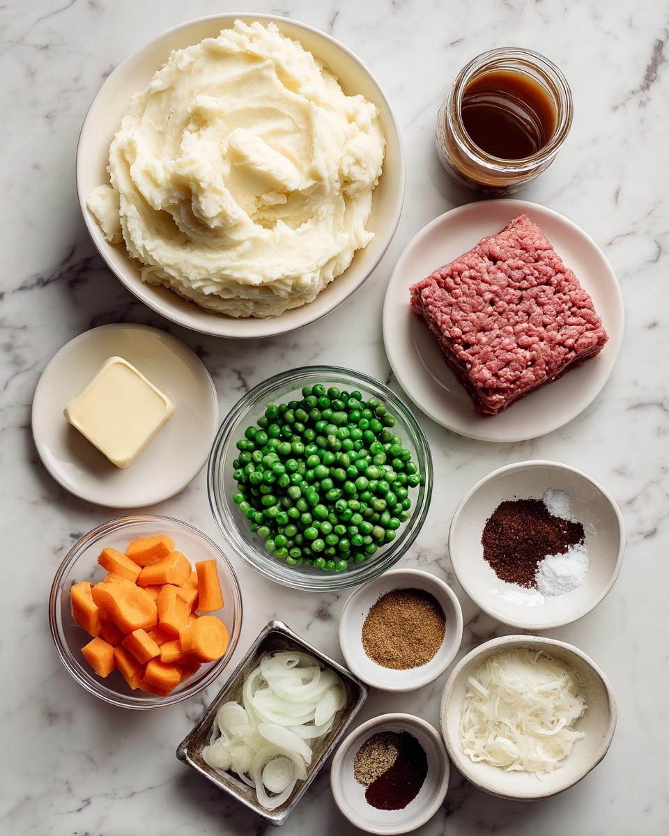 A top view of many ingredients on a white marbled surface, including one large white bowl filled with smooth mashed potatoes, a small white plate with a piece of butter, a clear glass bowl with green peas and sliced orange carrots, a metal tray holding a block of raw ground meat, and several small white bowls with chopped onions, a red paste, dark sauce, ground spices, and brown paste. There is also a jar of brown liquid near the top right. Everything is arranged neatly with space between each item. photo taken with an iphone --ar 4:5 --v 7