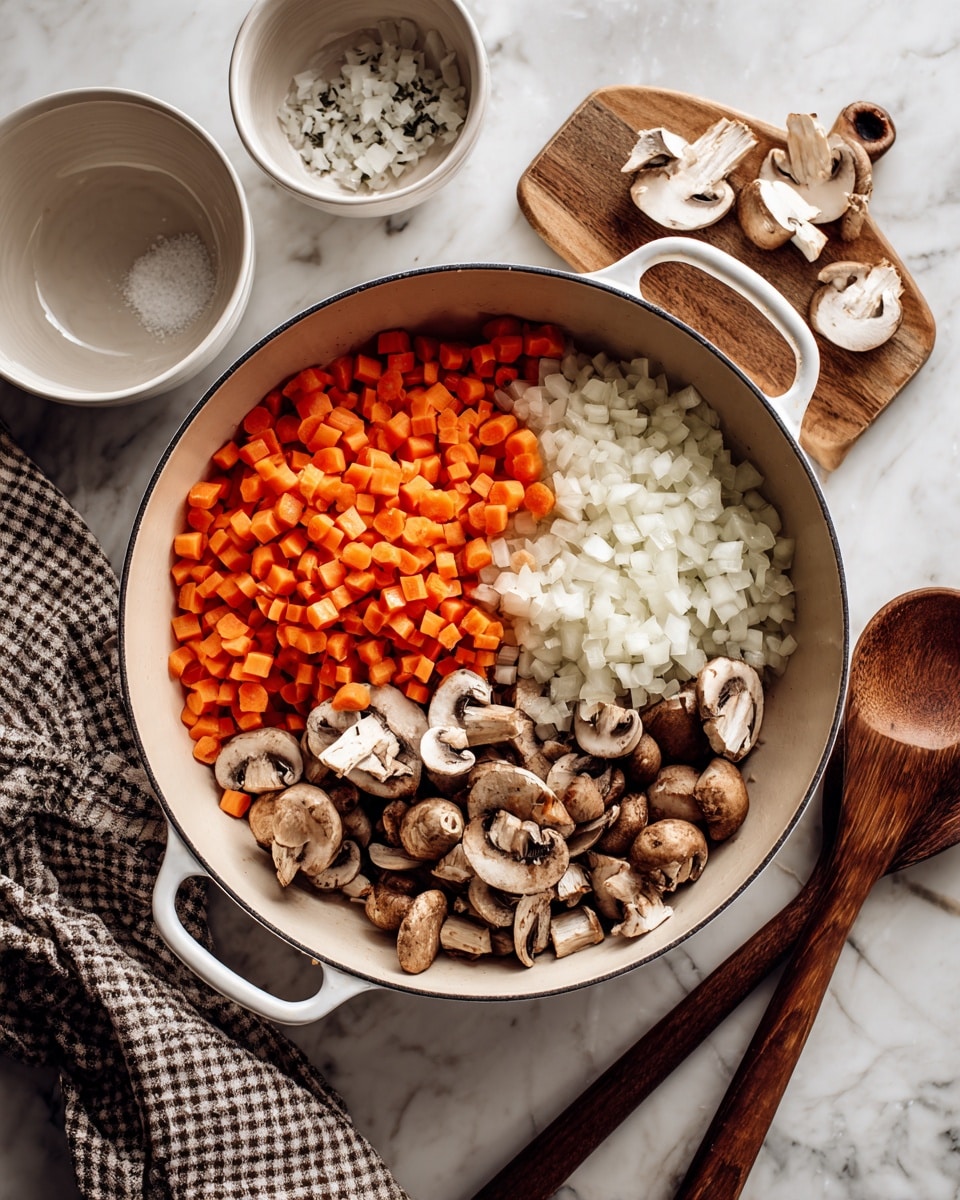 The image shows a white pan with three sections of ingredients: bright orange small diced carrots on the left, finely chopped white onions on the top right, and sliced brown mushrooms on the bottom right. The pan rests on a white marbled surface, with a brown wooden spoon and some white bowls nearby, along with a checkered cloth on the left side. photo taken with an iphone --ar 4:5 --v 7