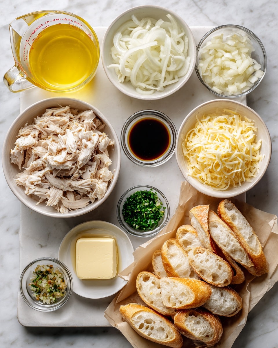 The image shows a white marbled surface with several white bowls and a white tray arranged neatly. One white bowl is filled with shredded light brown cooked chicken. Another white bowl contains thinly sliced white onions. A large white bowl holds shredded pale yellow cheese. There is a small glass bowl with a pat of butter, two small clear bowls containing dark soy sauce and chopped green herbs, and one small clear bowl with light yellow minced garlic. A clear measuring cup is filled with yellow broth or juice. A white tray lined with brown parchment paper holds many slices of white bread baguette. Photo taken with an iphone --ar 4:5 --v 7