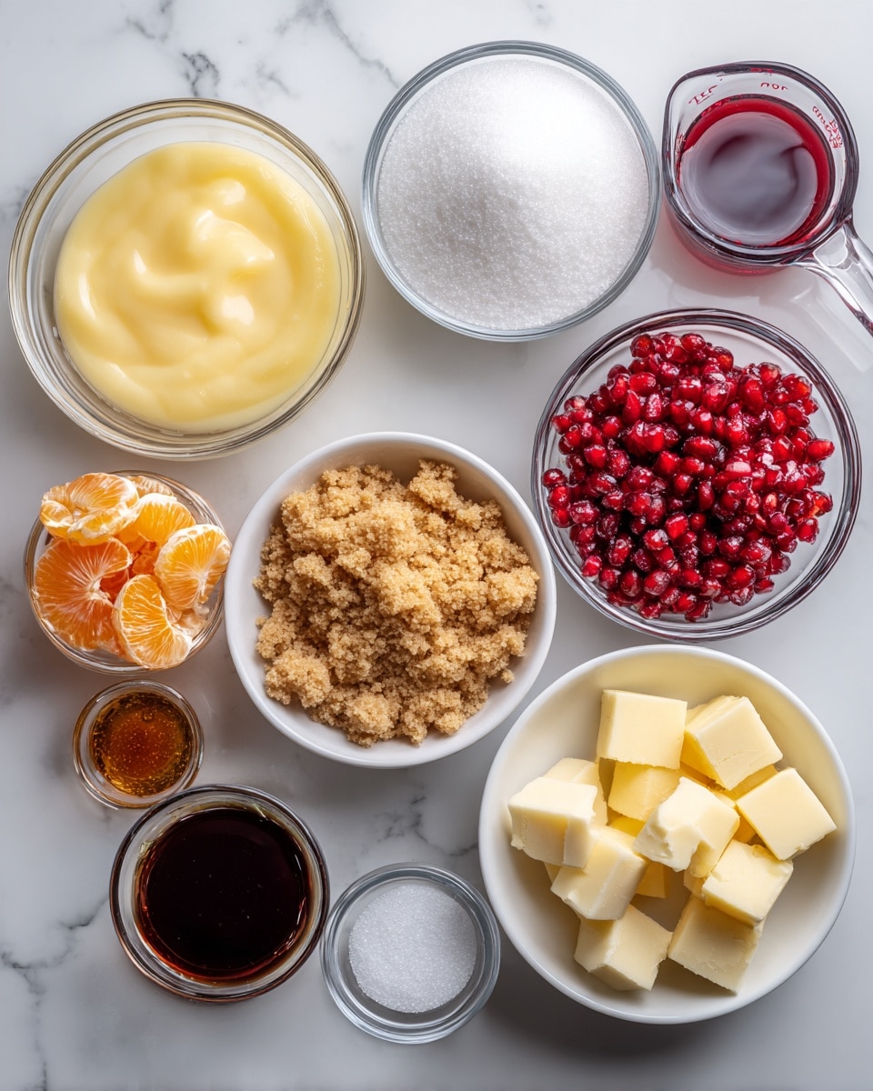 The image shows eight clear glass bowls and a clear measuring cup arranged on a white marbled surface. Starting from the top left, there is a bowl of pale yellow thick liquid, next to it a bowl of white granulated sugar, and to the right, a measuring cup filled with a dark red liquid. Below the sugar is a bowl with light brown, crumbly sugar, and to its right, a white bowl filled with bright red pomegranate seeds. Below the crumbly sugar is a small bowl holding a few curled orange peels. Near the bottom center is a very small bowl with a white powder, next to it a similarly small bowl with dark brown vanilla extract, and a bigger bowl on the bottom right filled with small cubes of pale yellow butter. The setup looks clean and organized, with all items clearly visible and spaced. Photo taken with an iphone --ar 4:5 --v 7