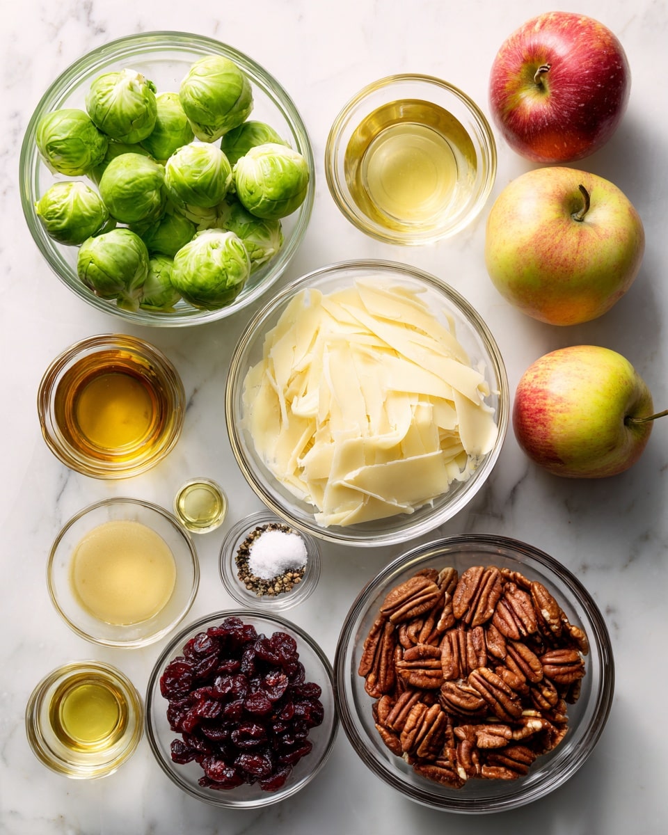 The image shows an overhead view of clear glass bowls and two apples arranged on a white marbled surface. The largest bowl in the upper left holds bright green Brussels sprouts, whole and fresh, with a smooth texture. Below it, a medium bowl contains pale yellow shaved cheese with thin, uneven slices layered loosely. To the right of the cheese, a small bowl holds a pile of dark red dried cranberries with a wrinkled texture. Next to the cranberries is another small bowl with white salt and black pepper divided evenly. The bottom right features a medium bowl filled with rich brown pecan halves, textured and clustered. Above the pecans, three small pitchers with golden, amber, and light yellow oils and vinegars are organized in a row. Above the oils, a tiny bowl with smooth, light brown mustard is placed near a glass of pale clear liquid. Two red and yellow apples with smooth skins are positioned on the top right corner. photo taken with an iphone --ar 4:5 --v 7