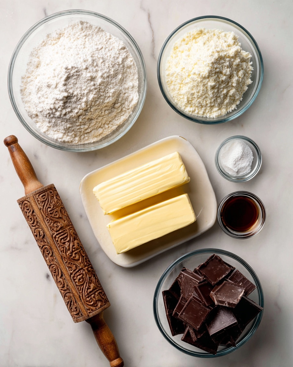 The image shows six main items arranged on a white marbled surface: in the upper left, a clear glass bowl filled with white flour; below it, two smooth yellow sticks of butter resting on a white plate; to the right of the flour, two smaller glass bowls, one with white powder and the other with a small amount of dark brown liquid; at the bottom right, a clear bowl with large chunks of dark chocolate; and in the center near the bottom, a wooden rolling pin with detailed carved patterns. The setup is clean and organized, ready for baking. photo taken with an iphone --ar 4:5 --v 7