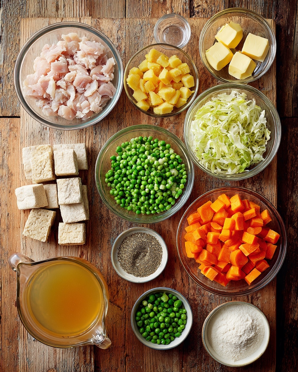 A wooden surface holds a neat arrangement of clear glass bowls and containers filled with cooking ingredients, each showing distinct colors and textures in separate layers: pale pink chopped cooked chicken in a medium bowl at the top left, two small yellow butter pieces in a bowl to the right, a small clear cup with a light liquid next to it, shredded pale green and white cabbage layered in a medium bowl below the cup, bright green chopped celery pieces below the chicken, a light amber-yellow clear pitcher filled with broth on the bottom left, a small bowl with white and black spices near it, rough beige dough rectangles placed below the spices, a medium bowl filled with cubed golden-yellow potatoes next to the dough, a small dish with beige mustard, a small cup of white cream or milk, a bowl filled with vibrant orange carrot slices, another with bright green peas, two small bowls of chopped garlic and darker green fresh herbs, and a small bowl of white flour arranged at the bottom; all these containers rest on the wooden surface in a clearly tidied layout, photo taken with an iphone --ar 4:5 --v 7