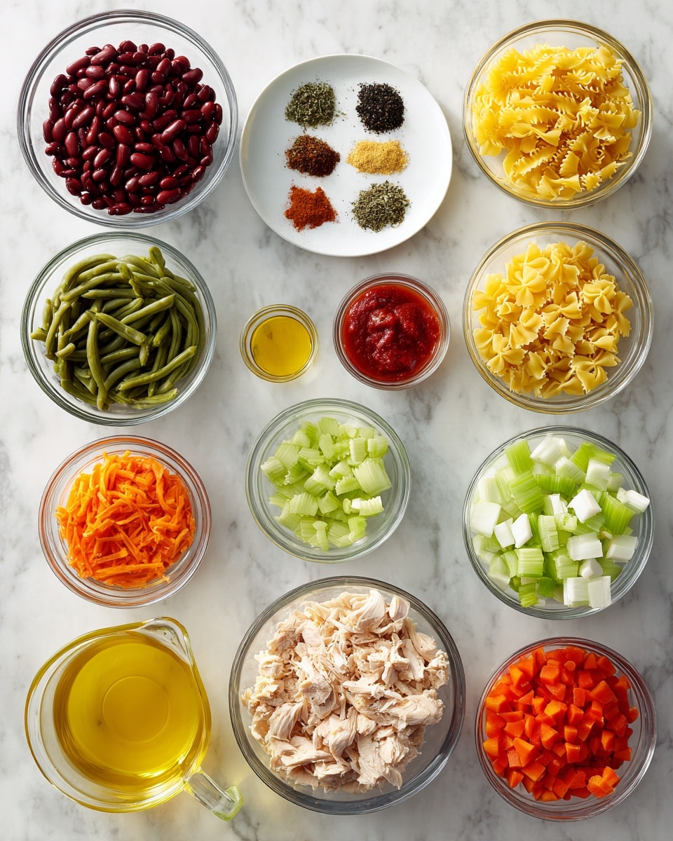 A top-down view of various cooking ingredients arranged neatly on a white marbled surface. There are twelve clear glass bowls and one glass measuring cup, each filled with different items. Starting from the top left is a bowl filled with dark red kidney beans. Next to it is a small white plate holding seven sections of different dried herbs and spices in colors ranging from green, brown, red, and black. To the right is a small bowl with red tomato paste. Below the beans is a clear bowl containing green cut green beans, next to bright yellow dry pasta shapes in another bowl. To the right is a bowl filled with chopped white onions, and below it, a bowl with chopped green celery. Under the celery is a bowl containing pieces of cooked shredded chicken. Under the pasta bowl is a glass bowl with diced orange carrots, and below them, a small bowl of minced garlic. Also, a medium glass bowl holds crushed red tomatoes below the spice plate. At the bottom left, a glass measuring cup has bright yellow chicken broth, and next to it, a small bowl of yellow olive oil. The items are arranged in neat rows and columns, with all bowls clear to show the colors and textures inside, against the smooth white marbled background. photo taken with an iphone --ar 4:5 --v 7