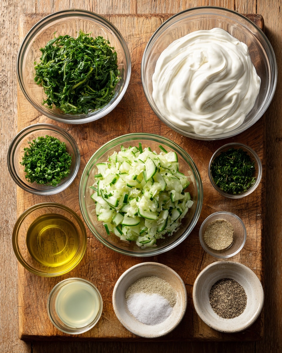 Nine clear glass bowls lay on a wooden cutting board with each holding different ingredients: the largest bowl on the top right is filled with thick white yogurt showing smooth and slightly whipped texture; below that near the center is a medium bowl with grated cucumber that is light green with bits of dark green skin; three smaller bowls above contain finely chopped leafy herbs in varying green shades; three very small bowls at the bottom right hold dry ingredients including a beige powder, coarse white salt, and crushed black pepper; one small bowl in the bottom left holds light golden olive oil and another small bowl near it holds a pale translucent liquid. The bowls are arranged neatly with contrast between the clear glass and wooden surface photo taken with an iphone --ar 4:5 --v 7